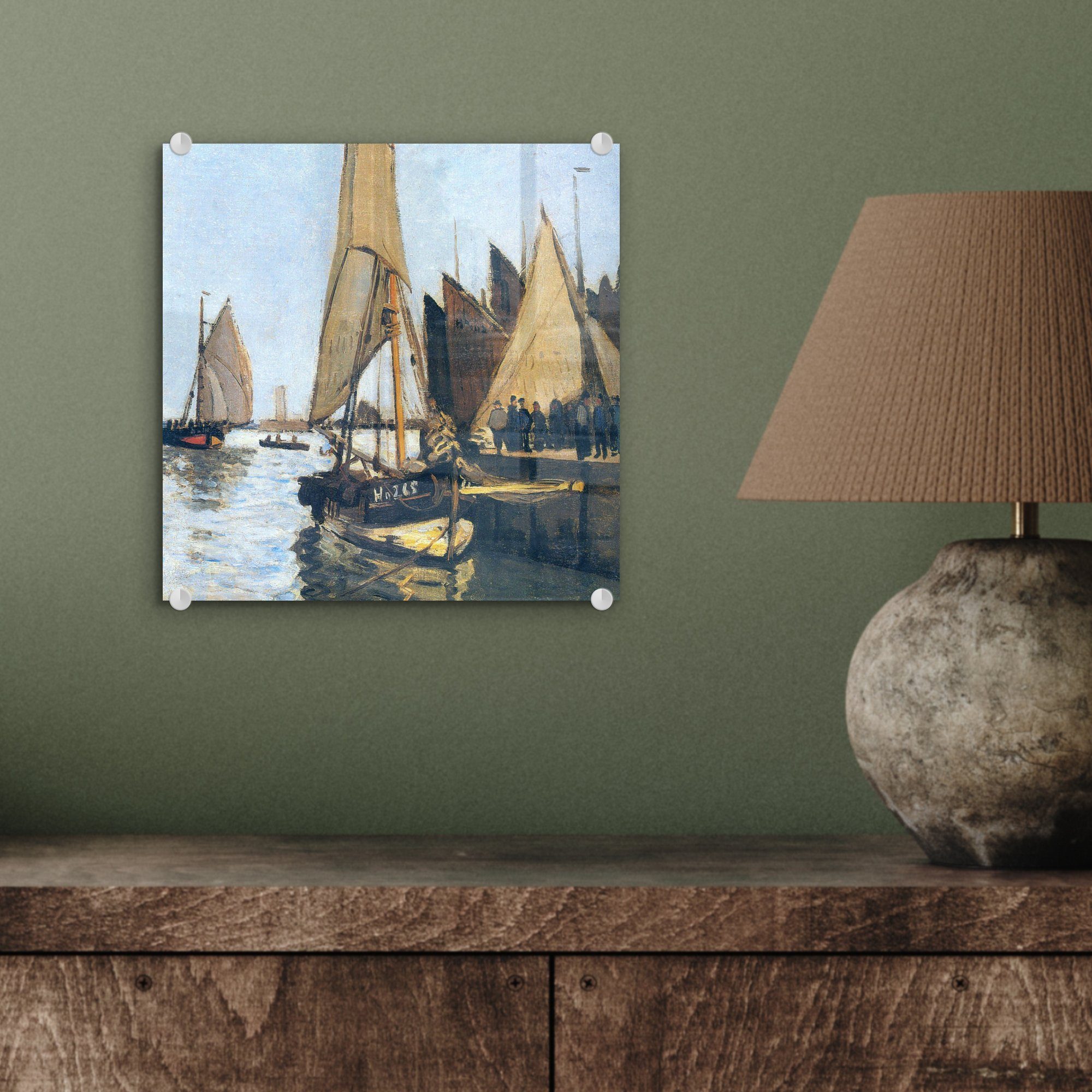 MuchoWow Acrylglasbild - Wandbild in auf Monet, auf Segelboote Wanddekoration - - (1 Glasbilder St), Glas Bilder Foto Honfleur Claude - Glas