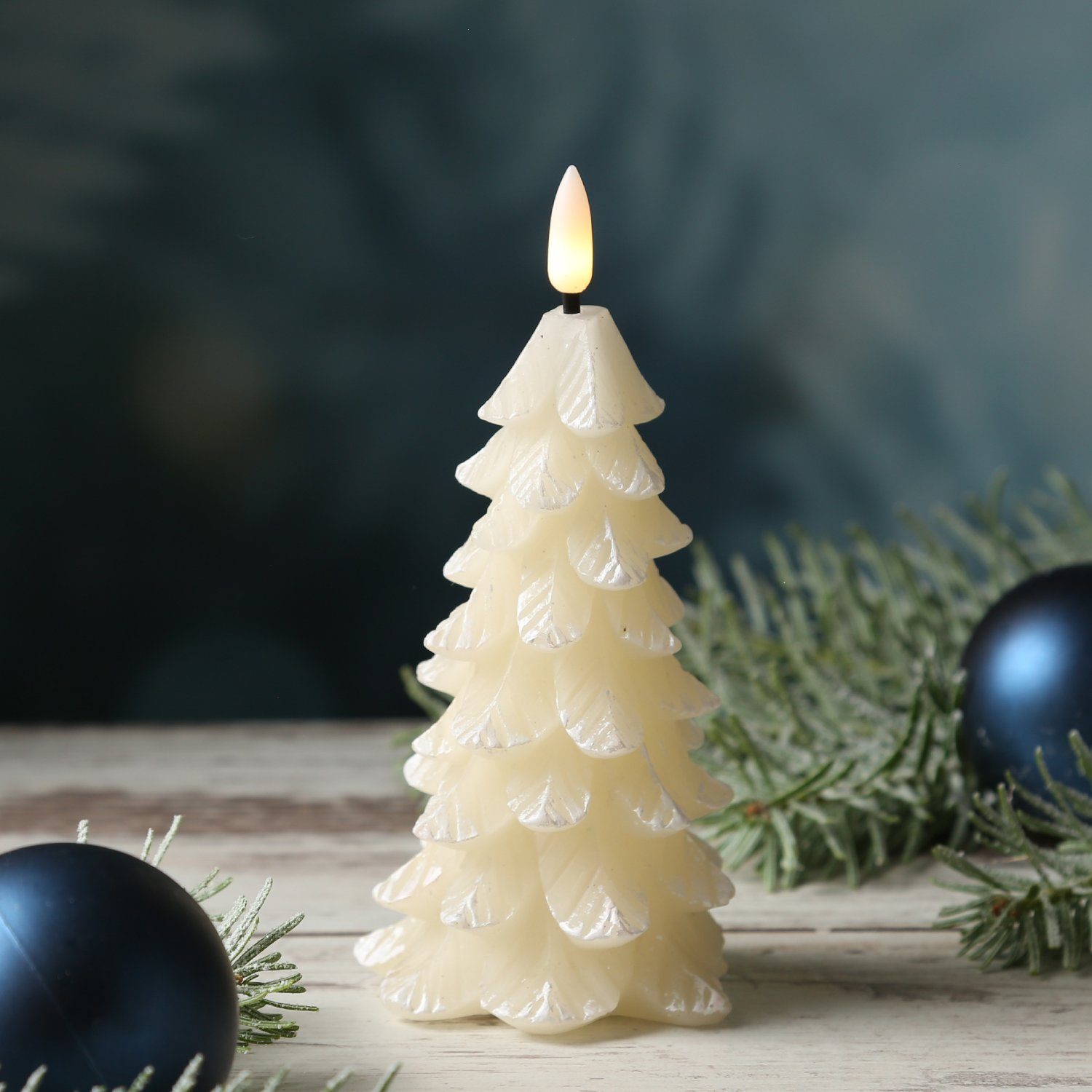 MARELIDA LED-Kerze »LED Kerze Tannenbaum Weihnachtsbaum Echtwachs 3D Flamme  H: 16cm Timer creme« (1-tlg)