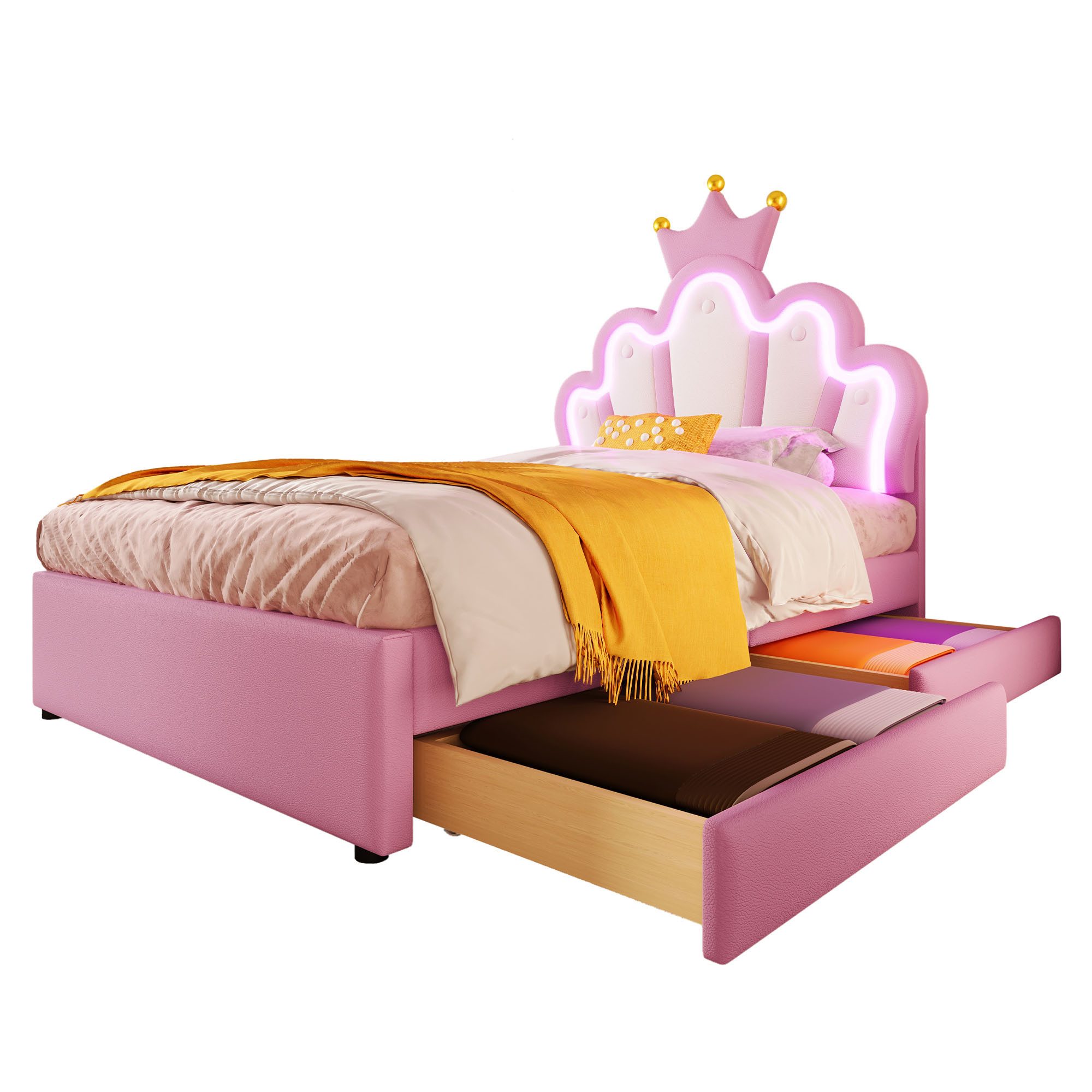 REDOM Polsterbett Kronenförmiges Prinzessinnenbett, Stauraumbett (Polsterbett, für Kinder, mit 16 Farben Fernbedienung, Kronen-Design, verstellbares Kopfteil, 2 Schubladen., 90*200cm), ohne Matratze