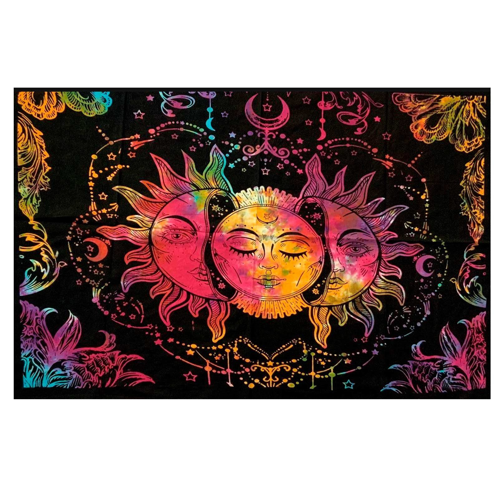 KUNST UND MAGIE Wandteppich Tagesdecke Wandbehang Sonne Mond und Sterne Bunt XL ca. 200 x 230cm