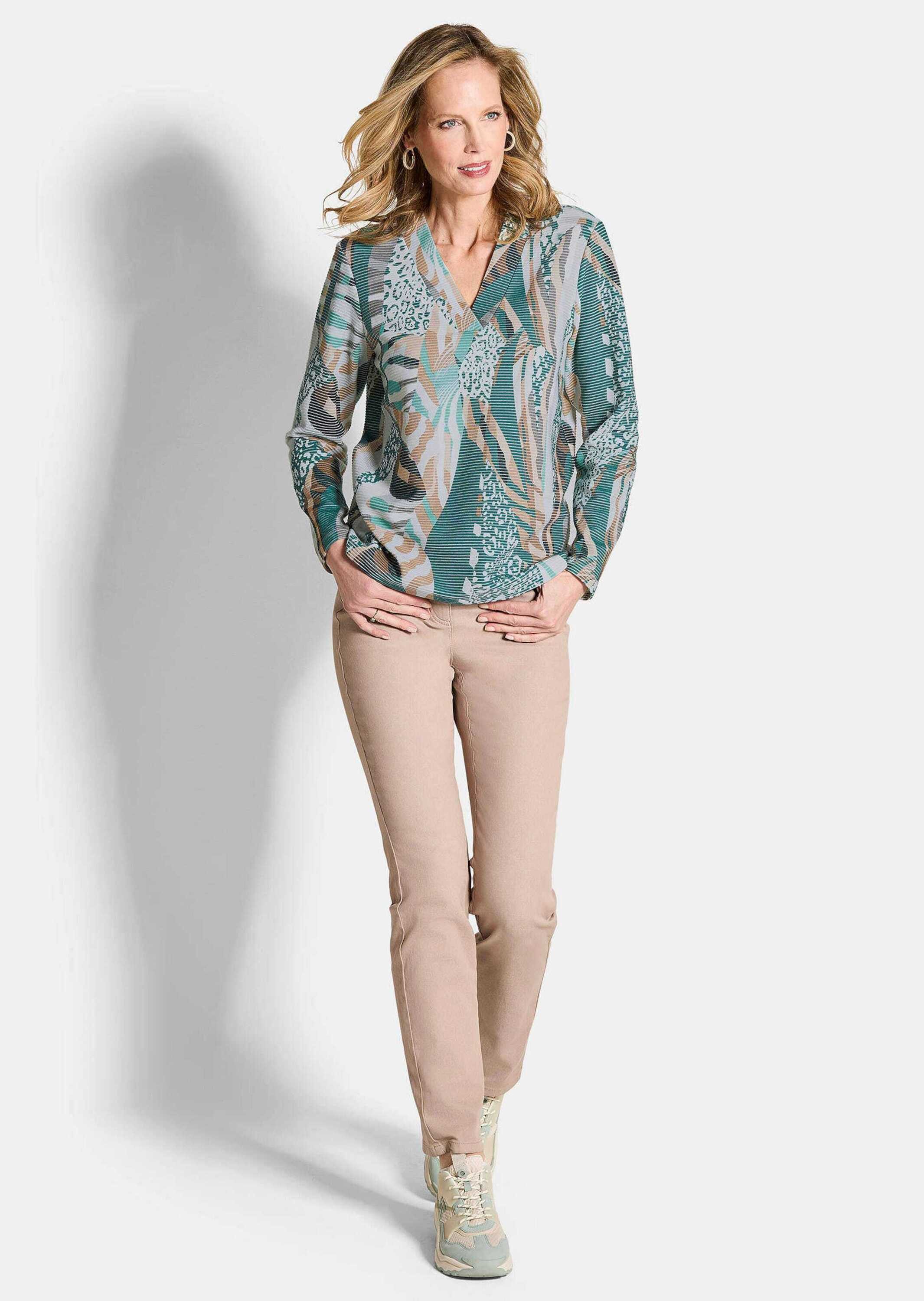 GOLDNER Sweatshirt Langarm Printshirt mit V-Ausschnitt Jersey-Oberteil in Ware mit Querripp, Animalprint, Baumwollmischung