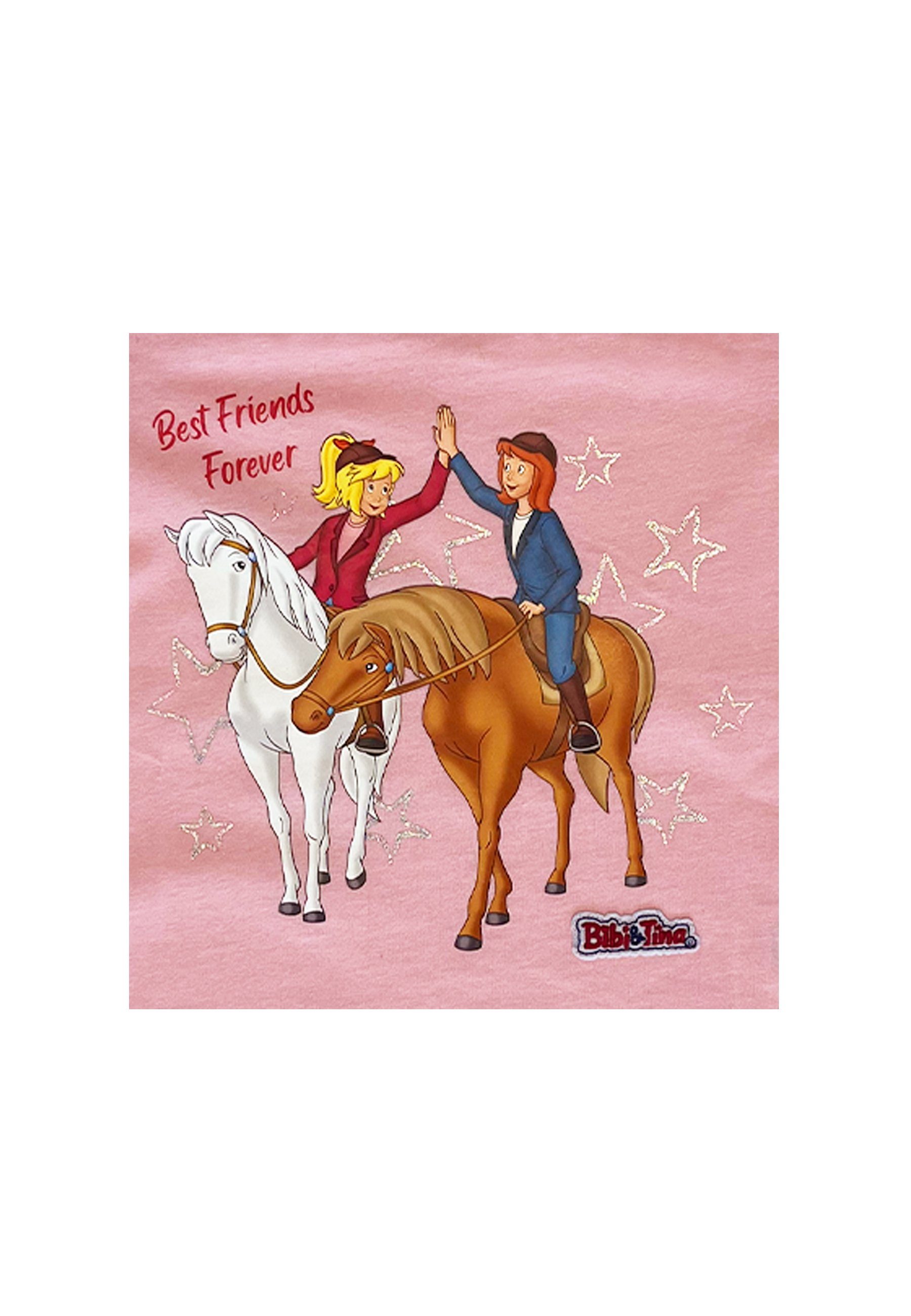 Bibi & Tina Langarmshirt Langarmshirt Mädchen rosa mit Pferdemotiv Baumwolle mit Glitzer-Sternen