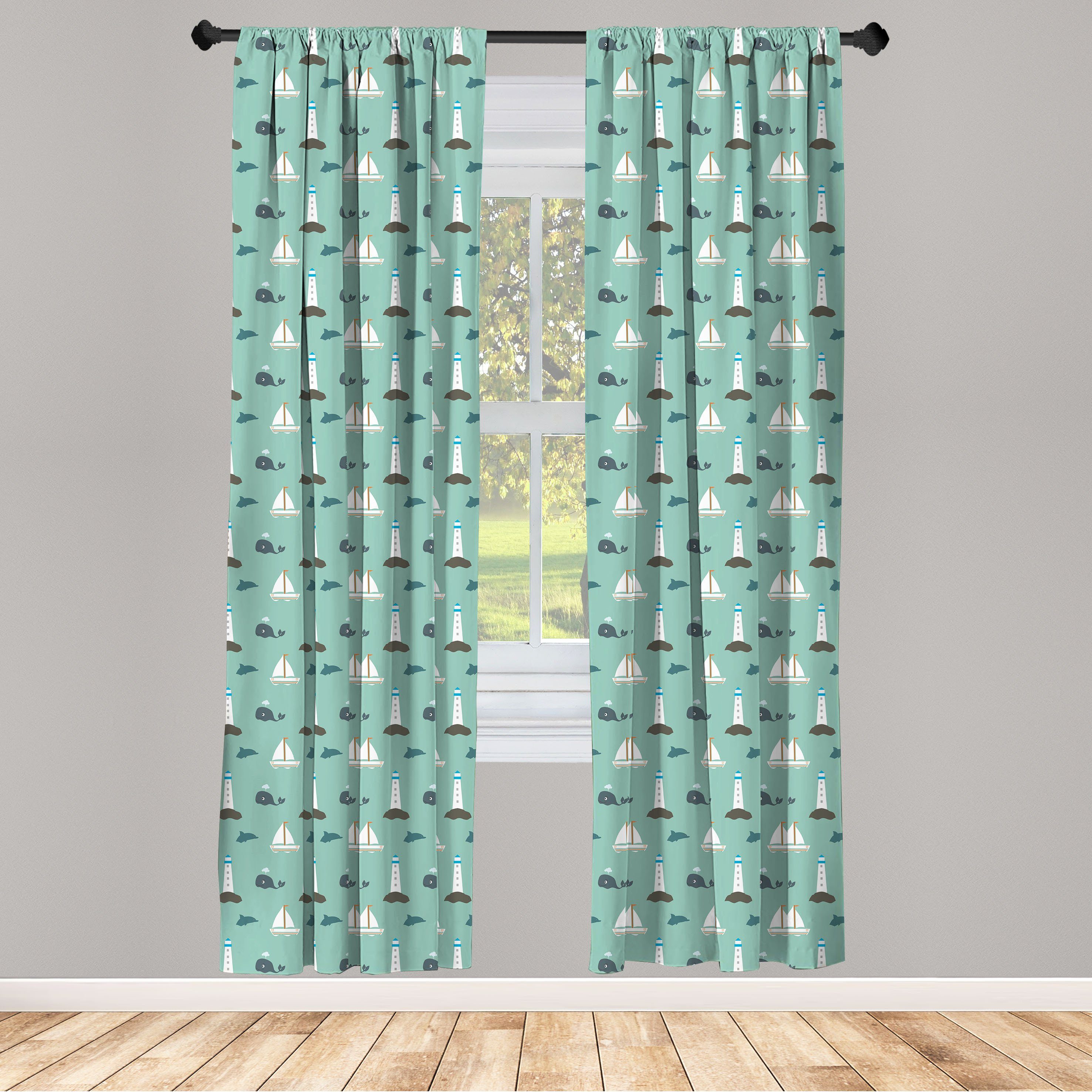 majestätisch Gardine Vorhang für Abakuhaus, Leuchtturm Dekor, Wale Schlafzimmer Microfaser, Wohnzimmer Segelboote