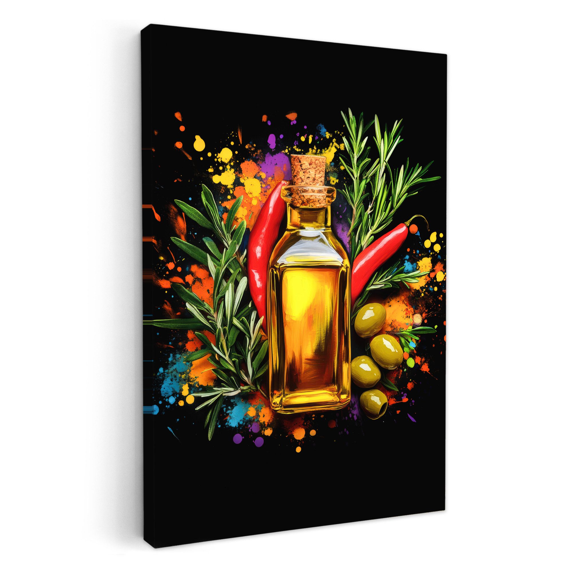 OneMillionCanvasses® Leinwandbild Olivenöl - Graffiti - Pfeffer - Oliven - günstig online kaufen