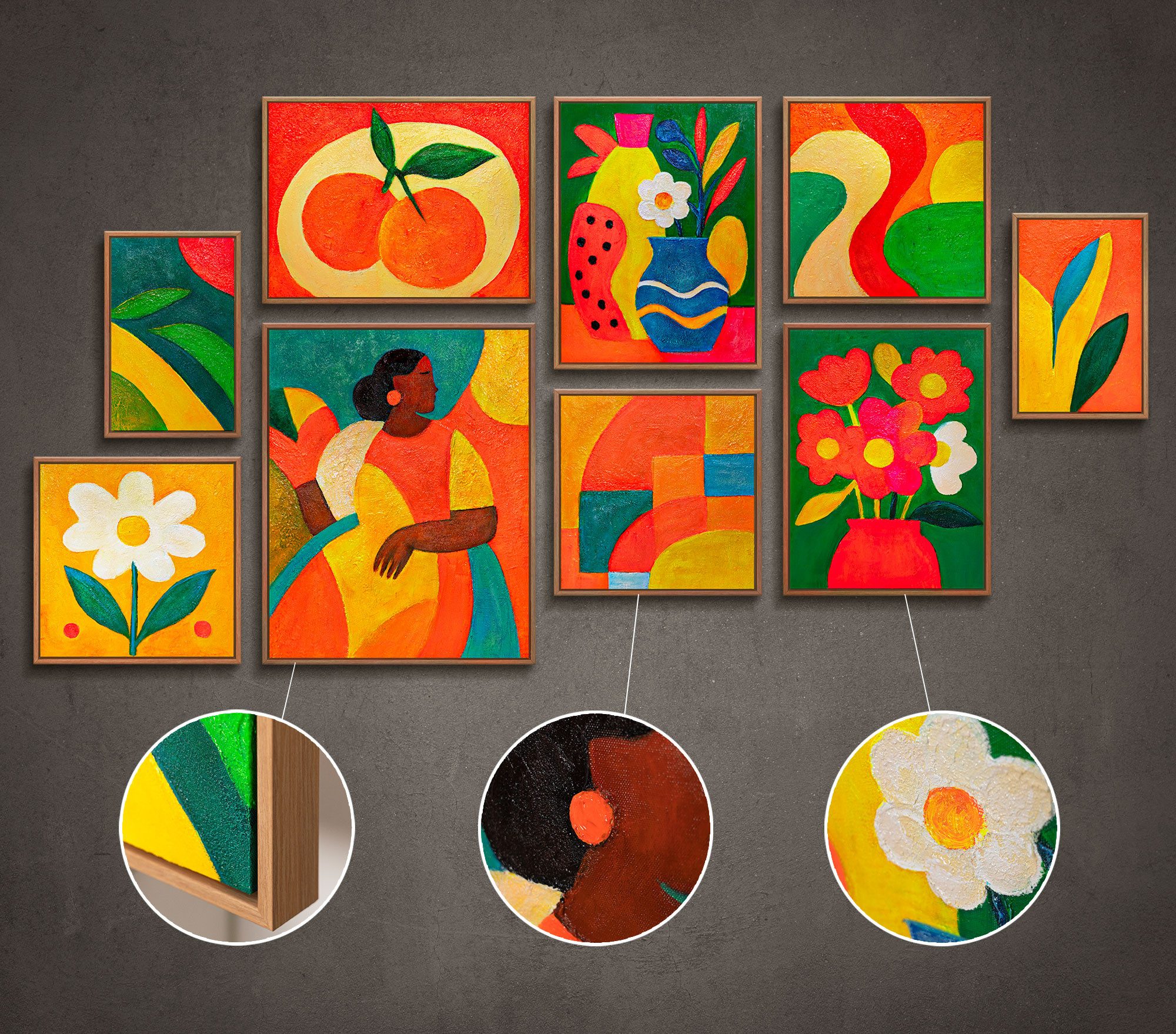 YS-Art Gemälde "Sommerliche Inspiration", Stillleben (Set, 9 St), Farbenfrohes Bilder Set für Wohnzimmer im modernen Kunststil