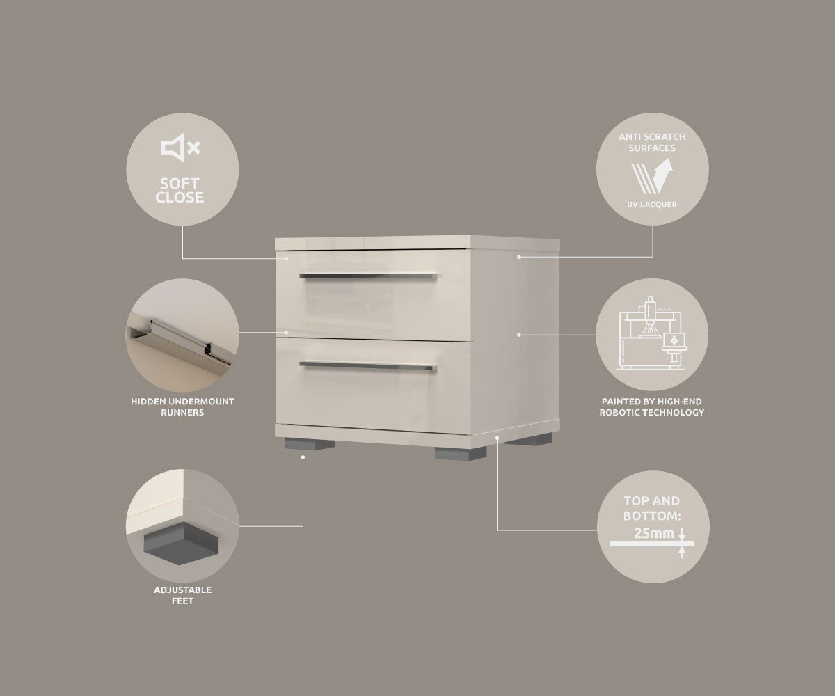 OTTO home Nachtkommode Piano, Nachttisch aus FSC-zertifiziertem Holzwerkstoff, Made in Europe (45/40/43 oder 61cm (B/T/H), ideal passend zum Boxspringbett), UV lackiert, hochglänzend, Soft-Close Funktion, 2 oder 3 Schubladen