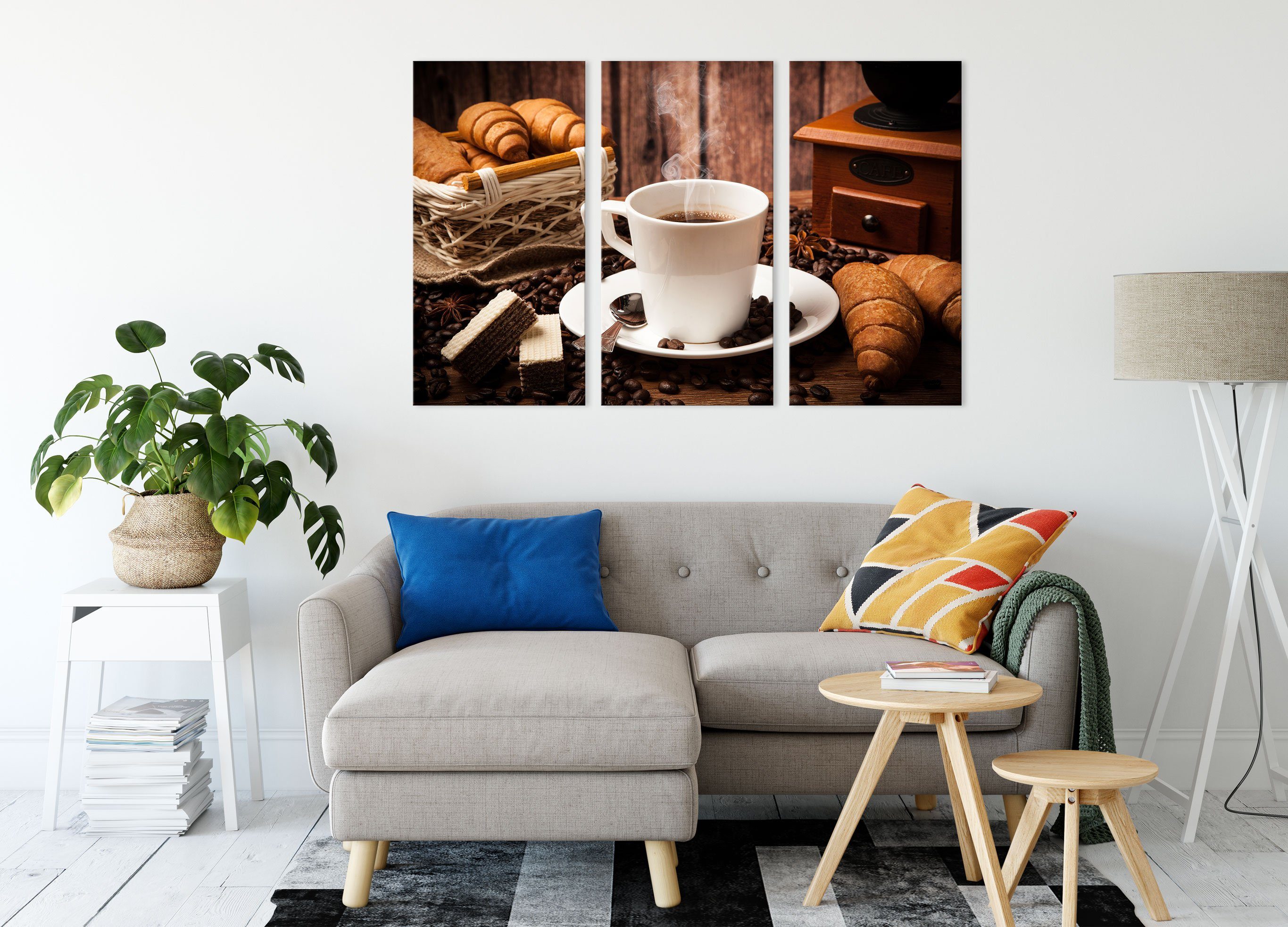 Kaffee, bespannt, Zackenaufhänger aufgebrühter fertig Leinwandbild Pixxprint Leinwandbild inkl. St), (1 Kaffee (120x80cm) heißer 3Teiler heißer aufgebrühter