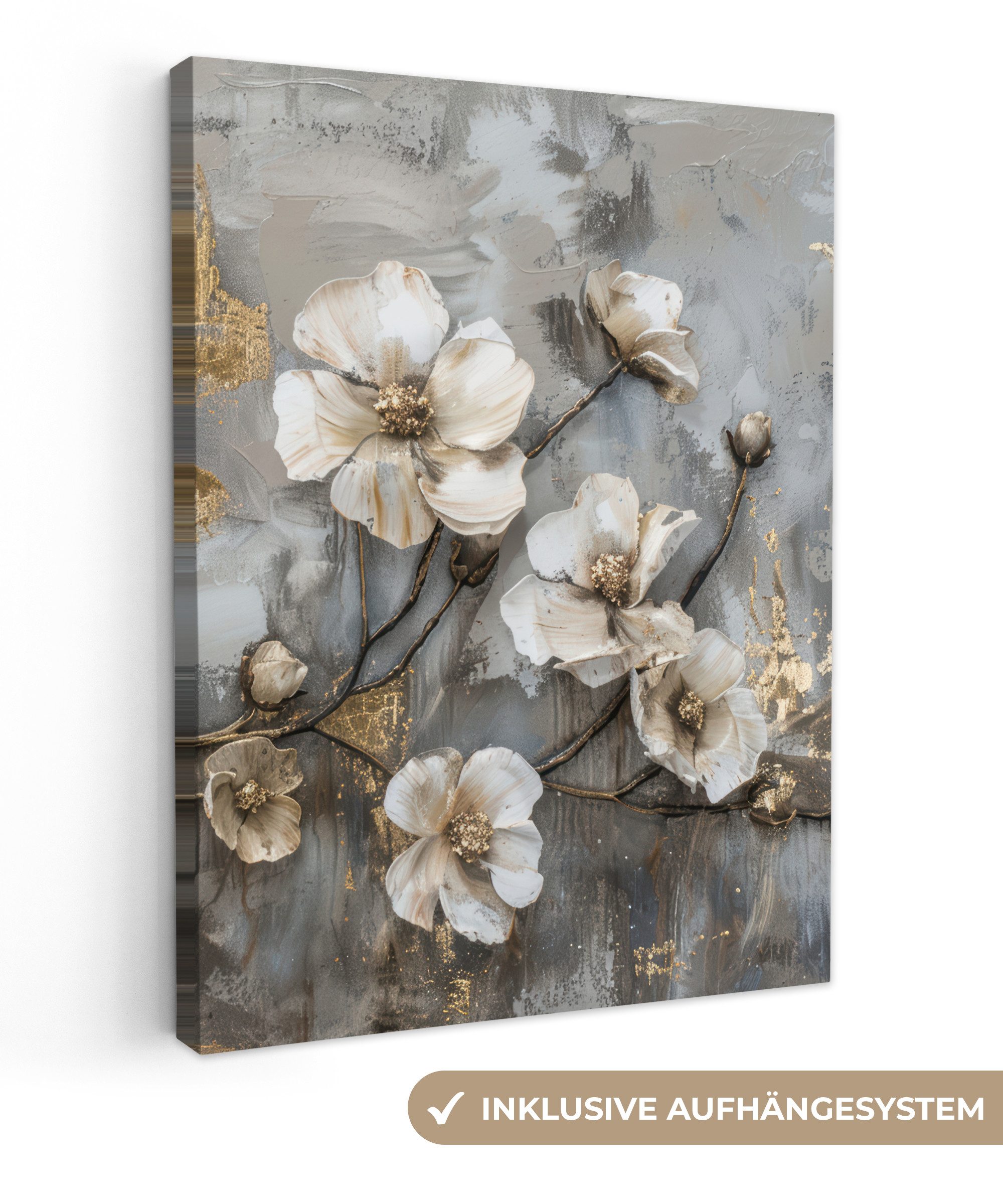 OneMillionCanvasses® Leinwandbild Blumen - Weiß - Grau - Gold - Luxus, Fotodruck (1 St), Leinwand Bilder für Wohnzimmer Schlafzimmer 30x40 cm