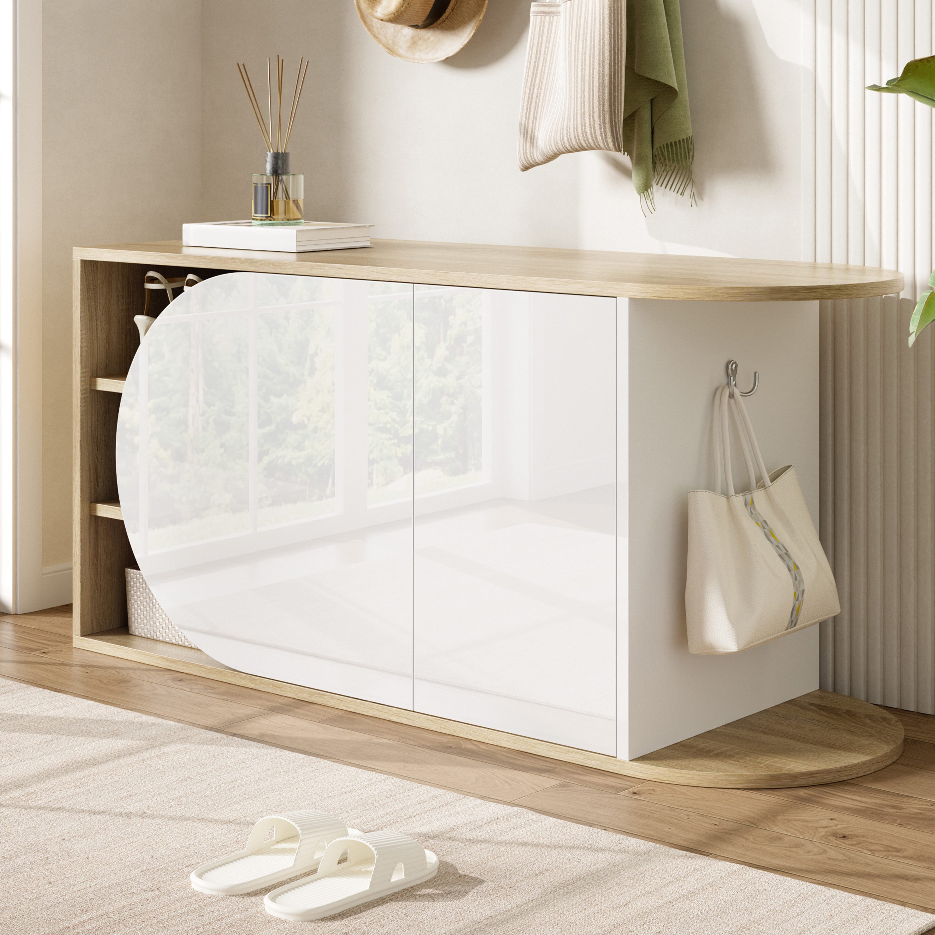 Flieks Schuhschrank Schuhkommode mit 1 seitlichen Haken und 5 Fächern (1-St., 104×37×50 cm) Schuhbank Schuhregal mit halbrunden Tür Hochglanz Weiß&Natur