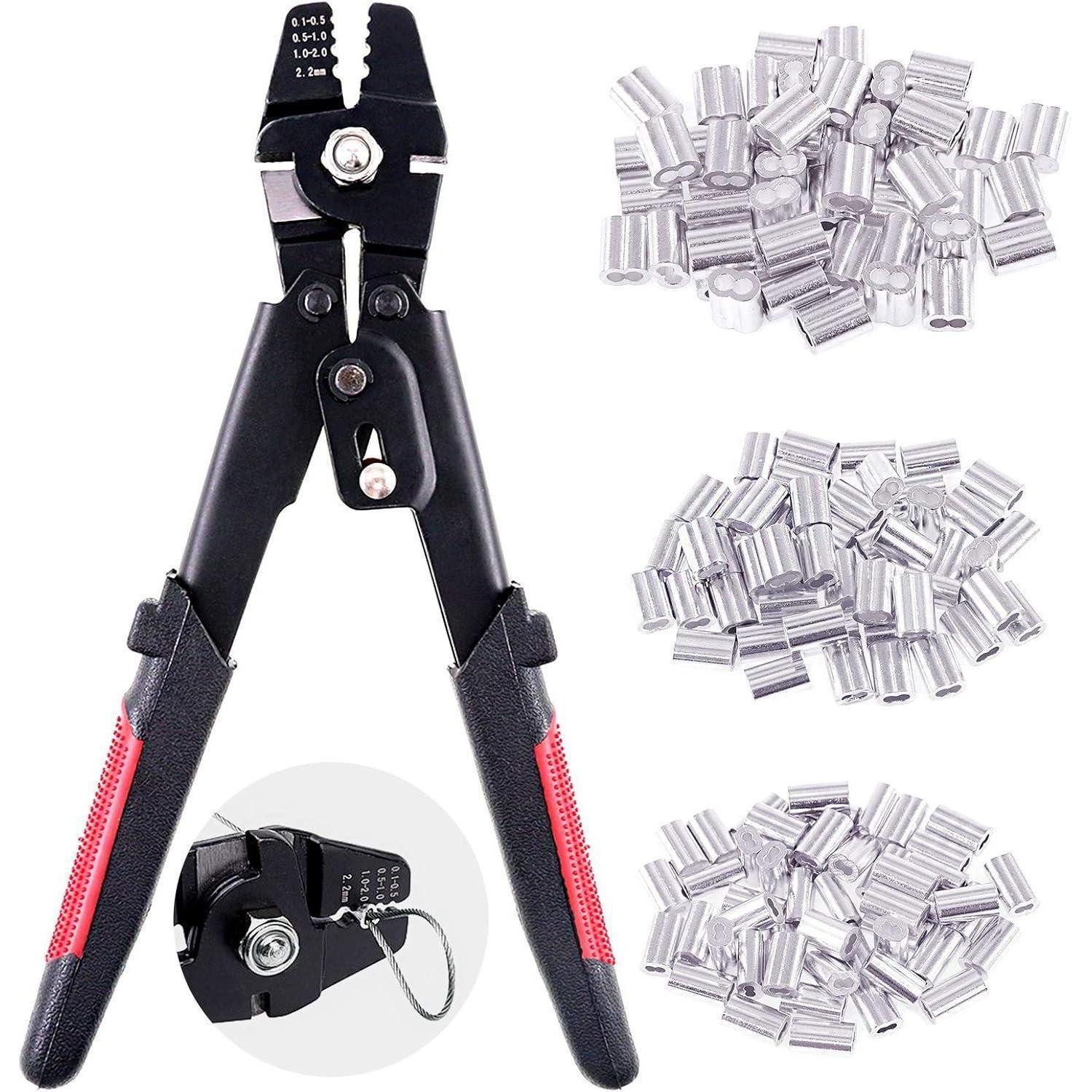 LuxusKollektion Klemmhülsenzange Crimpzange Drahtseile bis 2,2 mm mit 150 Alu-Hülsen 3 Größen