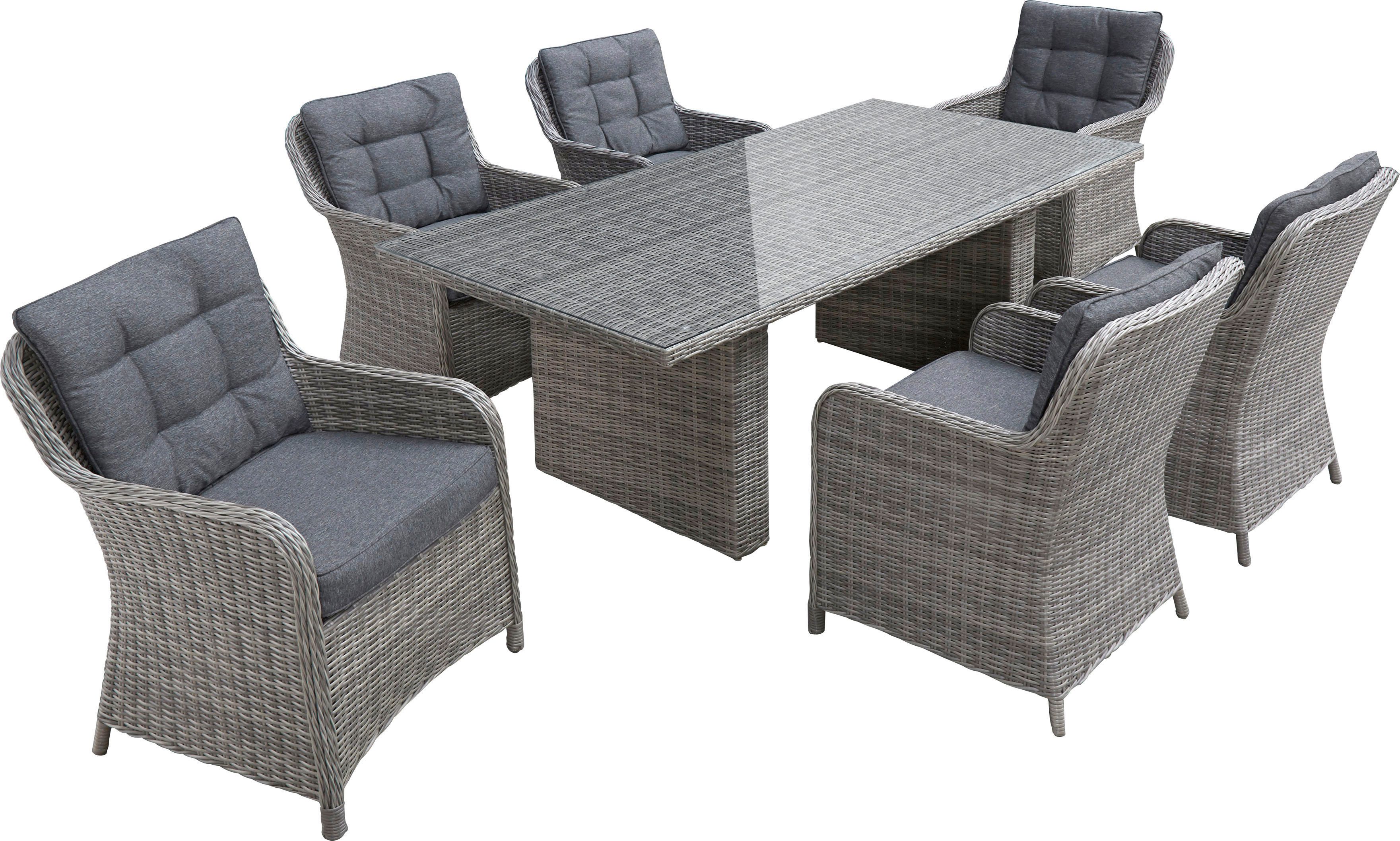 KONIFERA Garten-Essgruppe »Menorca«, (Set, 19-tlg., 6x Sessel, 1x Tisch 200x100x75 cm, inkl. Auflagen, Alu, Polyrattan), Polyrattan, Aluminium, Tischplatte aus 5mm starkem Sicherheitsglas