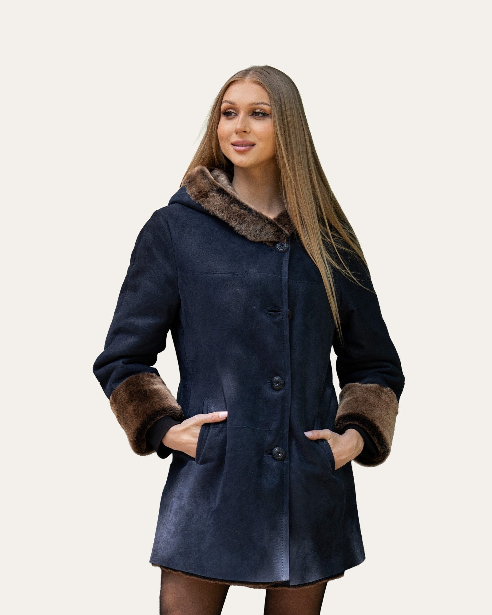 Hollert Winterjacke Damen Lammfelljacke Aurelie Blau mit Kapuze günstig online kaufen