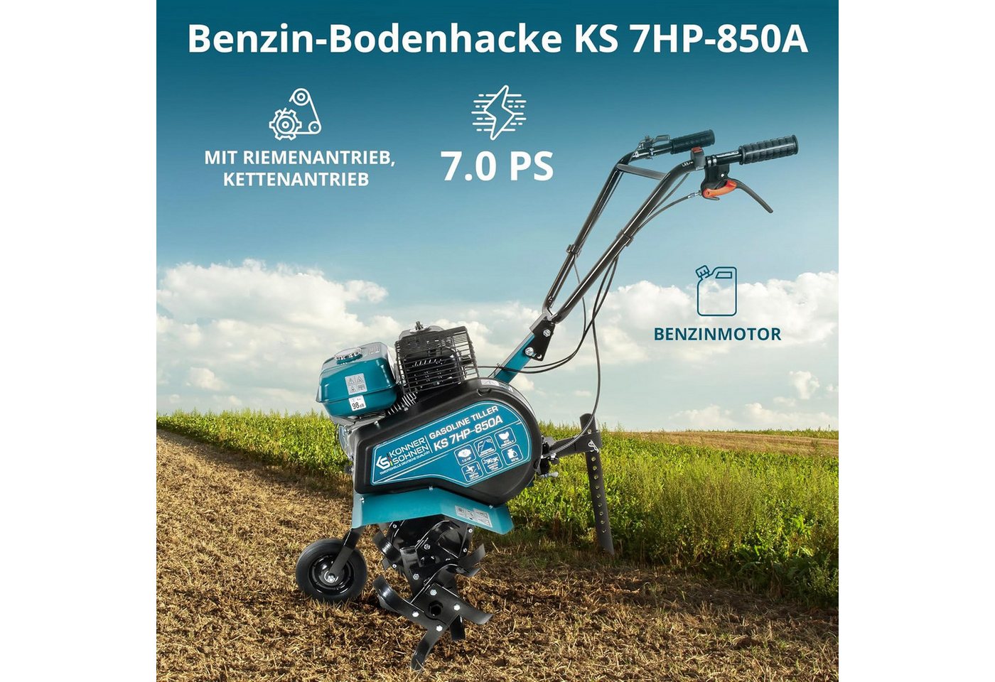 Thumbnail - Könner & Söhnen Benzinmotorhacke KS 7HP-850А, Benzinkultivator mit Riemenantrieb fräse Garten mit geschmiedete Säbelfräs...