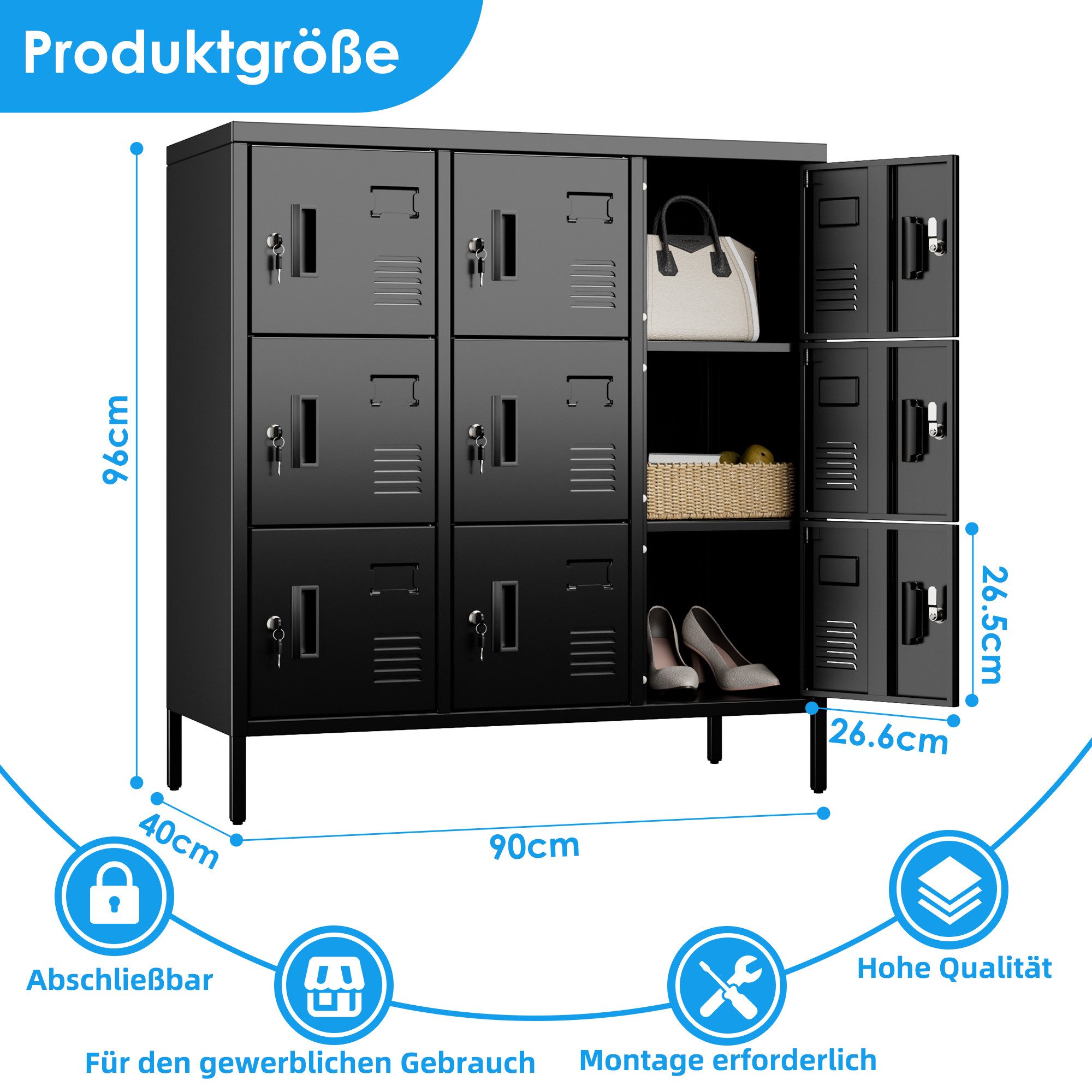 AOBABO Mehrzweckschrank Mitarbeiterschrank mit Lüftungslöchern, 90x40x96 cm (1-St) 9-türiger Metallschrank, abschließbar