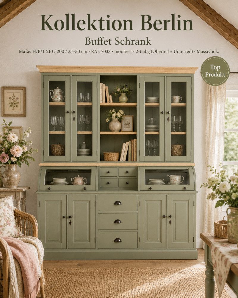 Wohnpalast Buffet Buffet Schrank Berlin 200cm Graugrün/Eiche - Landhaus Möbel