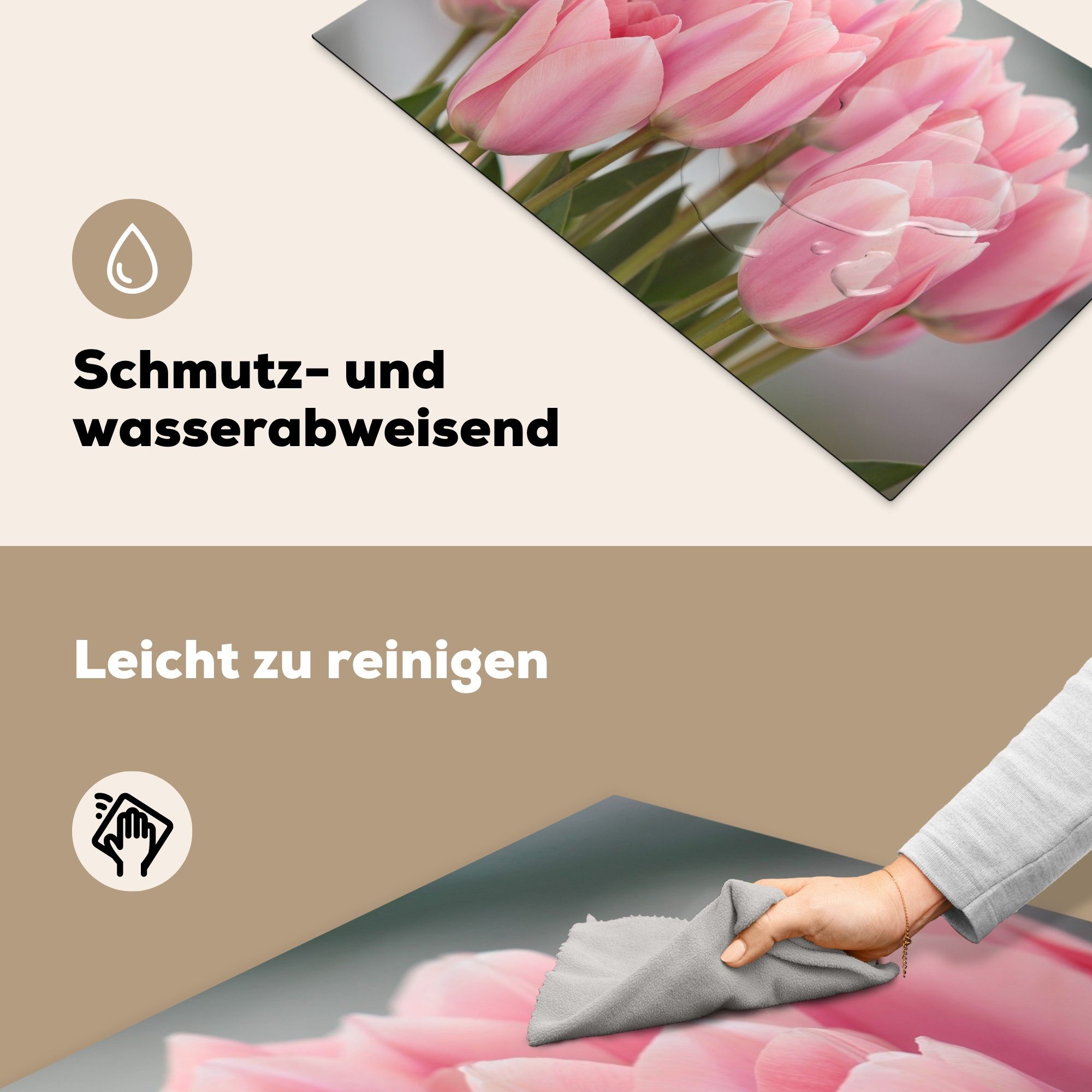 Herdblende-/Abdeckplatte der (1 Nahaufnahme rosa MuchoWow tlg), Blätter küche Tulpen, cm, der Arbeitsplatte Ceranfeldabdeckung, für Vinyl, 83x51