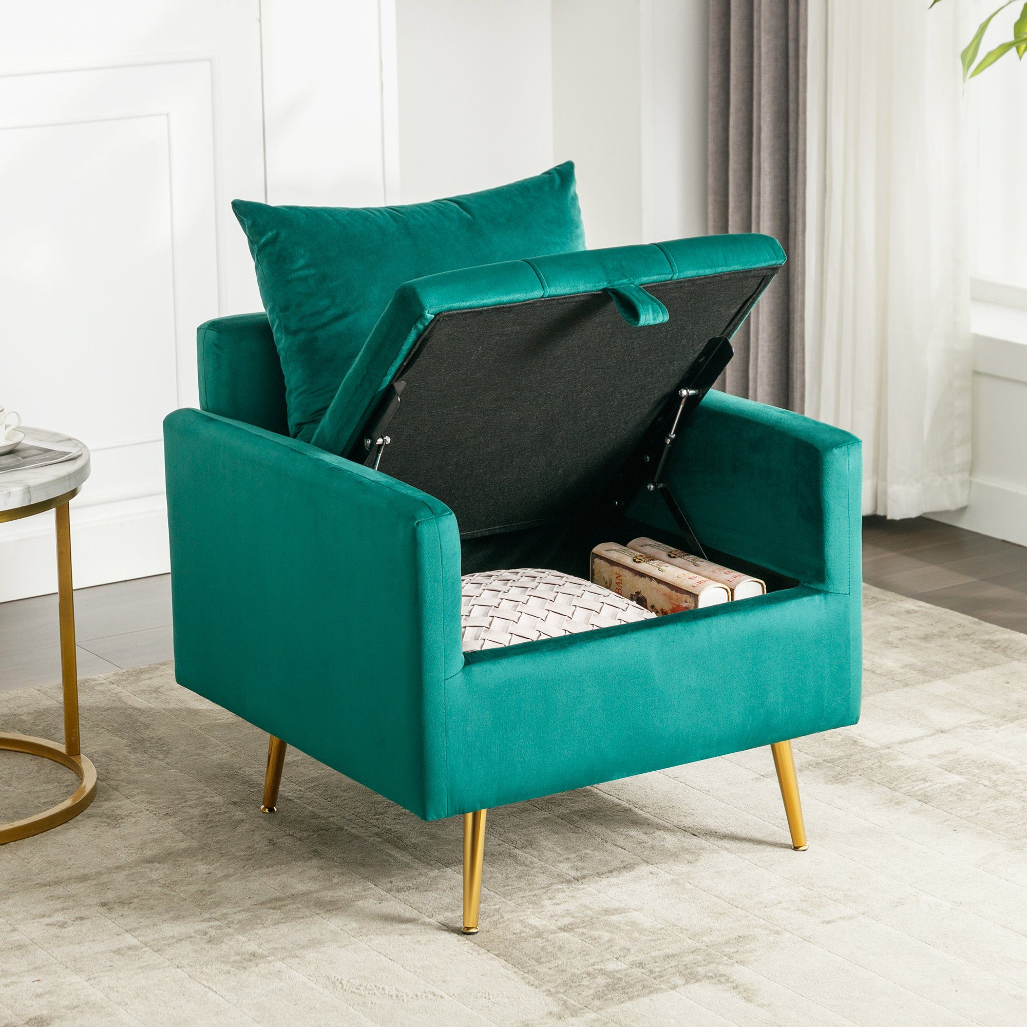 REDOM Sessel Loungesessel, Einzelsessel, Polstersessel, mit Stauraum (Moderner Samtstuhl), Sessel mit Kissen, mit roségoldenen Metallbeinen grün