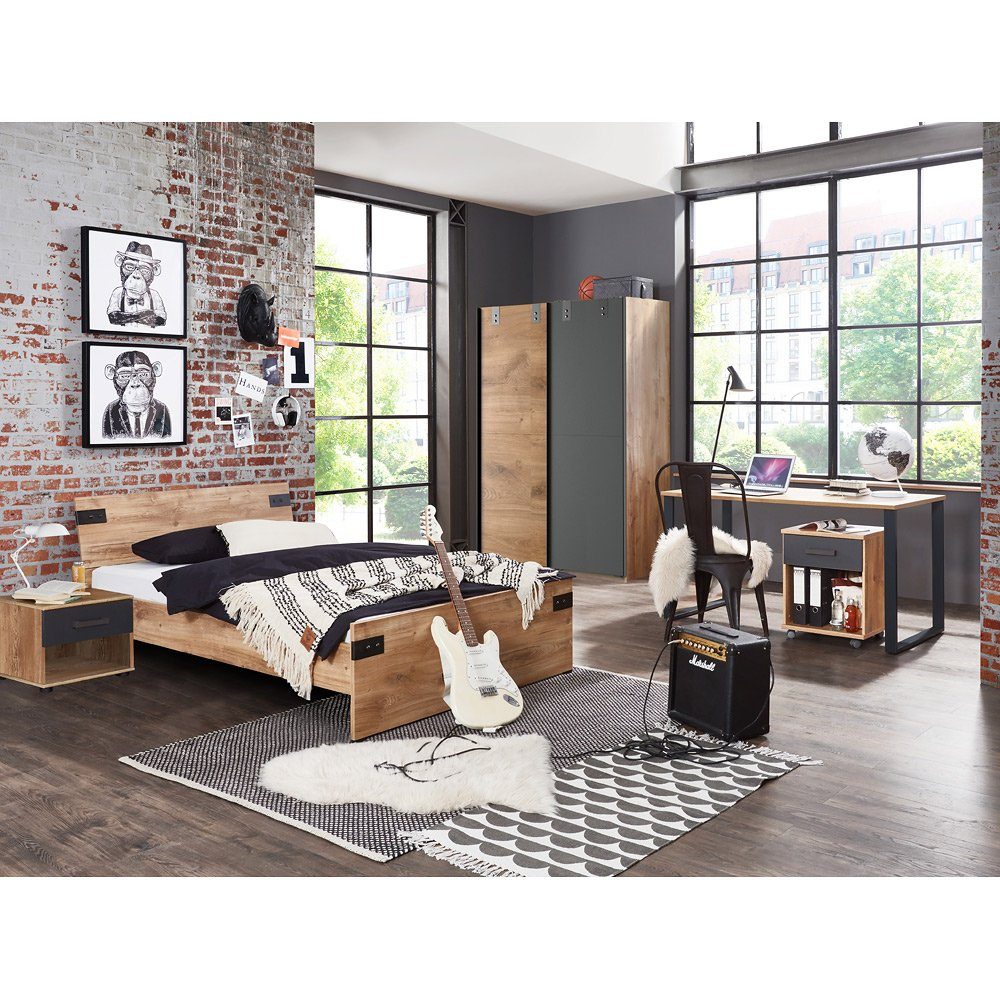Lomadox Jugendzimmer-Set EVERTON-43, (Sparset, 5-tlg), mit Bett 140cm und Schwebetürenschrank, Eiche mit graphit