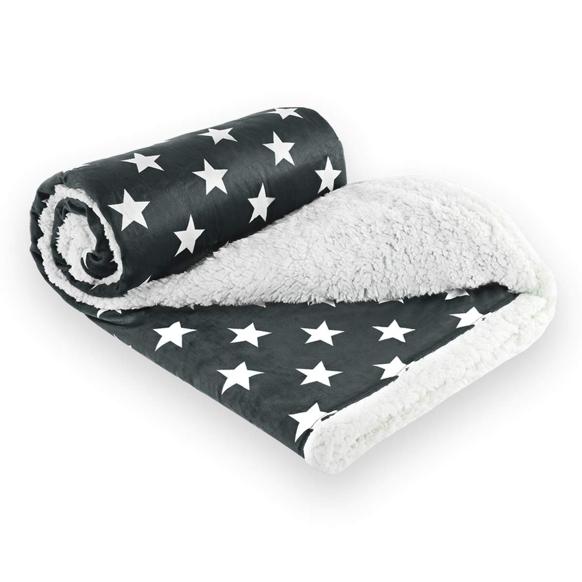 Wohndecke Sternendecke Kuscheldecke in Lammfell-Optik verschiedene Größen, Gräfenstayn, Motiv Stern Tagesdecke Flanell Mikrofaser-Flausch