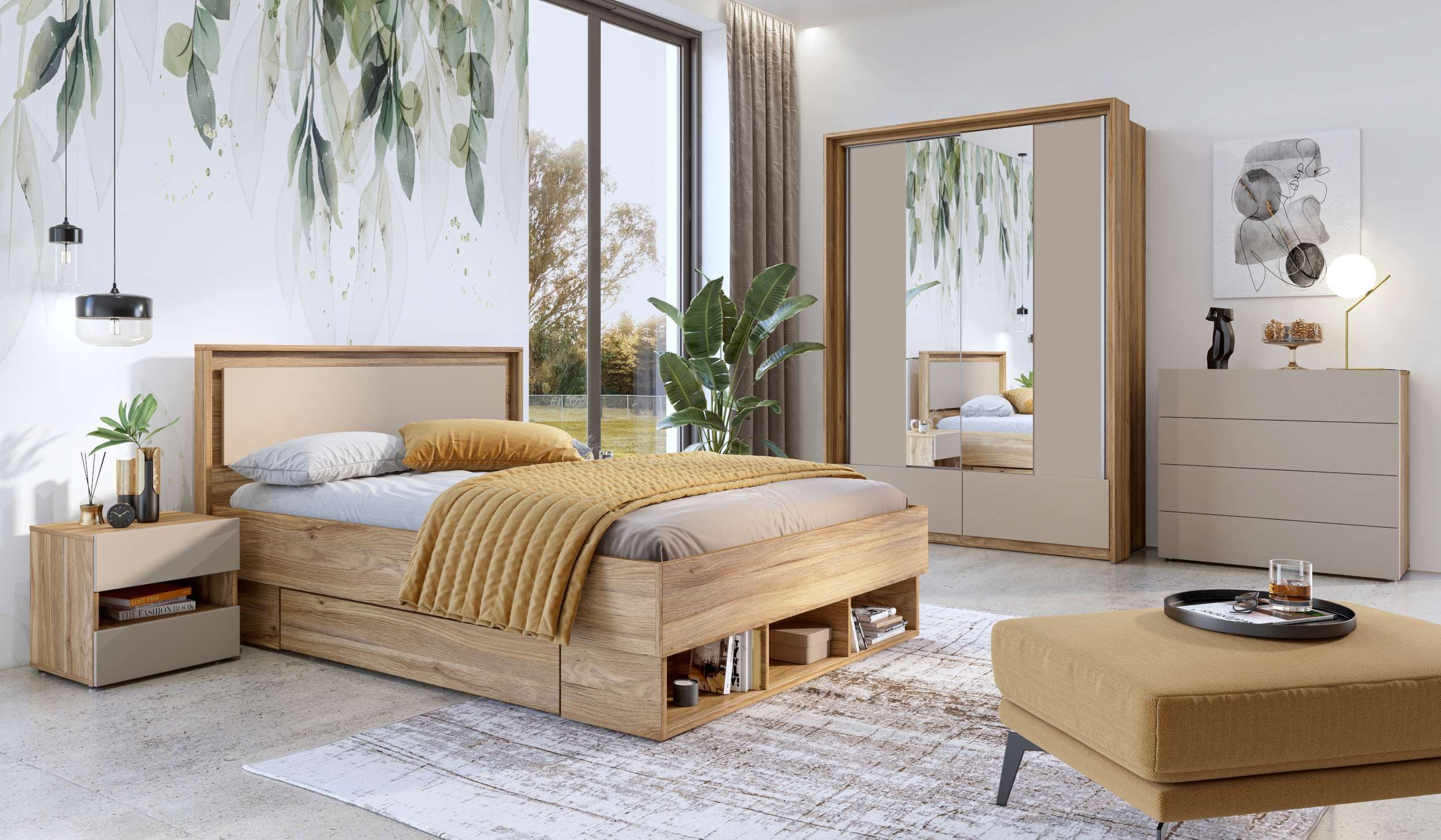 99rooms Schlafzimmer-Set Pressi, (Set (5-St), Komplett Schlafzimmer), mit viel Stauraum, mit Schubladen und Lattenrost, ohne Matratze