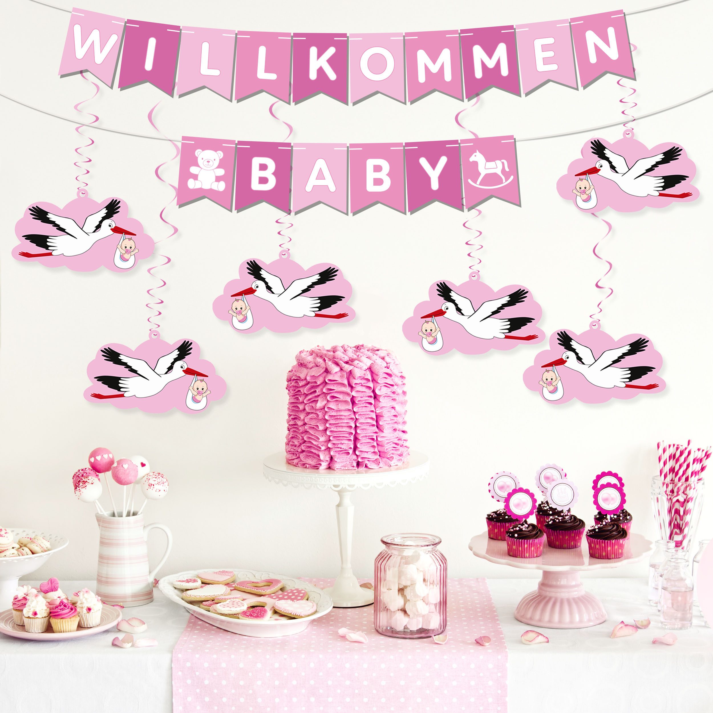 BRUBAKER Girlande Willkommen Baby Wimpelkette für Mädchen mit Storch Anhängern, Willkommensdeko Set für Zuhause, Babyparty und Babyzimmer Dekoration
