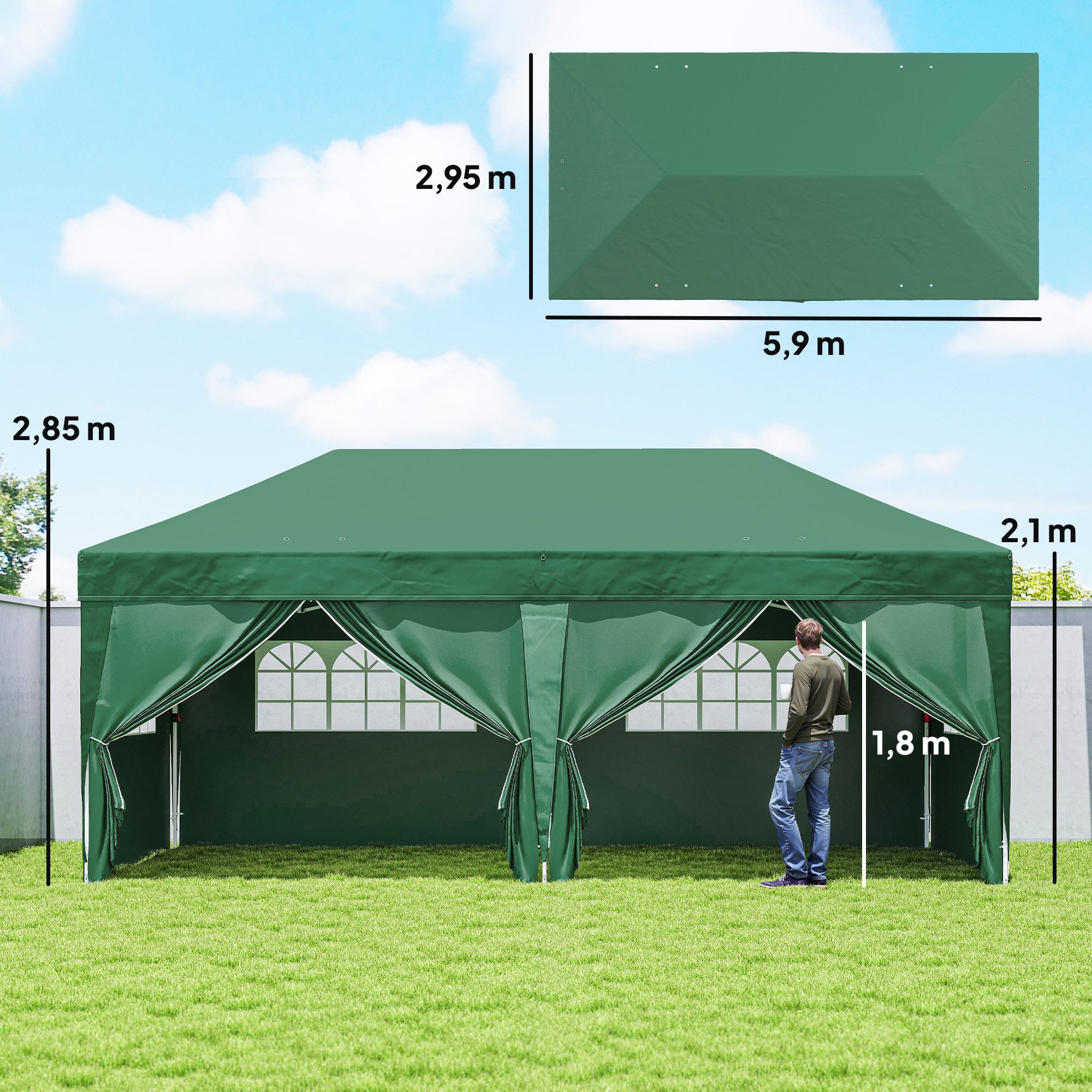 Outsunny Faltpavillon mit Fenster, Reißverschlusstür, Seitenteilen, UV Schutz, mit 6 Seitenteilen, (Pavillon, Partyzelt), für Garten Festival, Dunkelgrün