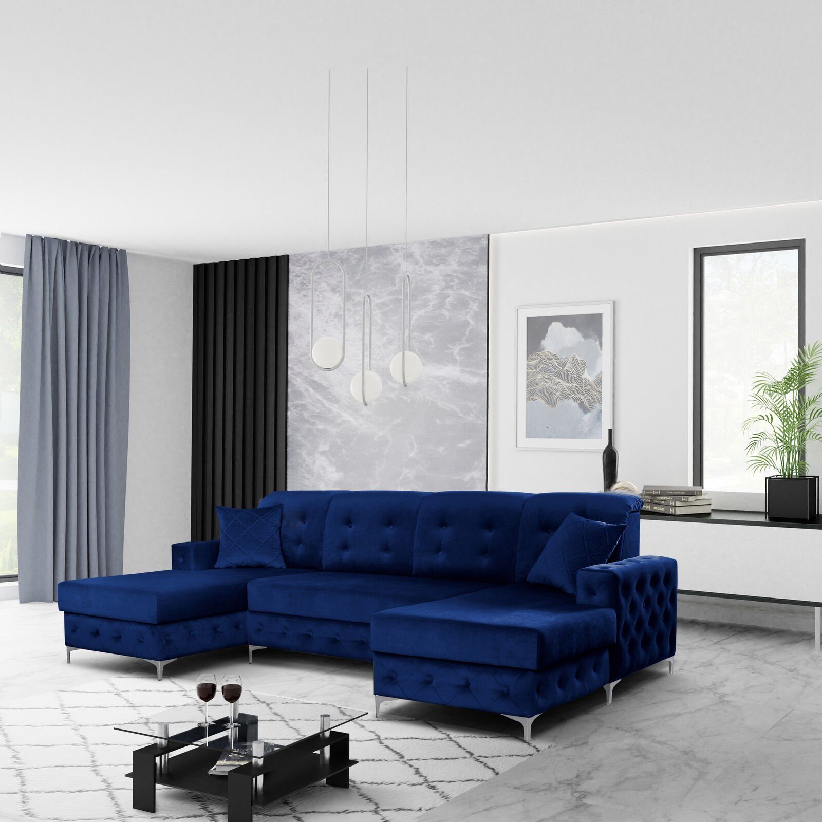 JVmoebel Ecksofa, Design Polsterung Textil Sofas Holz Sofa Neu Luxus Möbel Ecksofa Blau