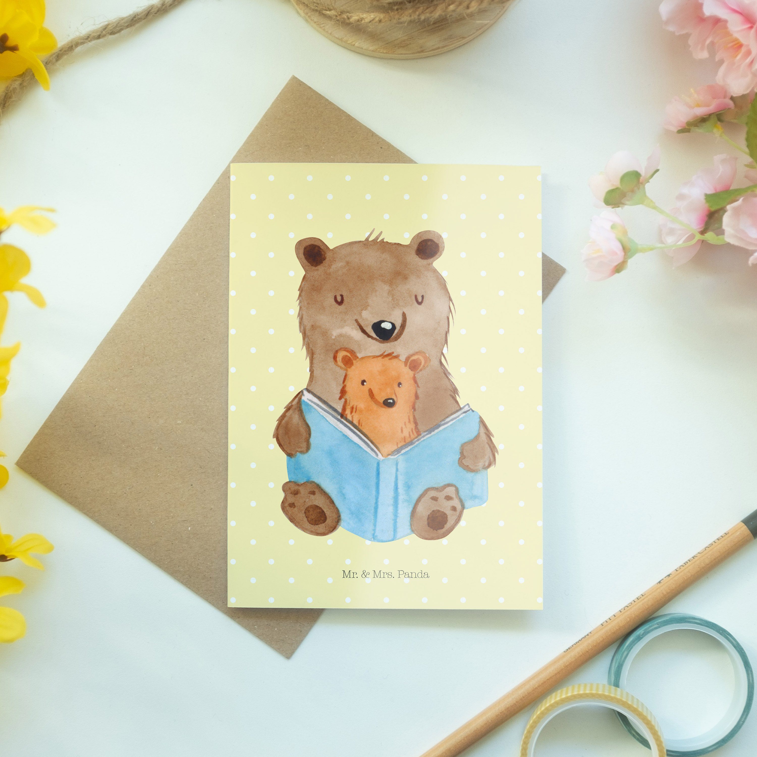 Mr. & Grußkarte Geschenk, Großmutter, Mrs. - Sc Panda Einladungskarte, Buch Bären Gelb - Pastell