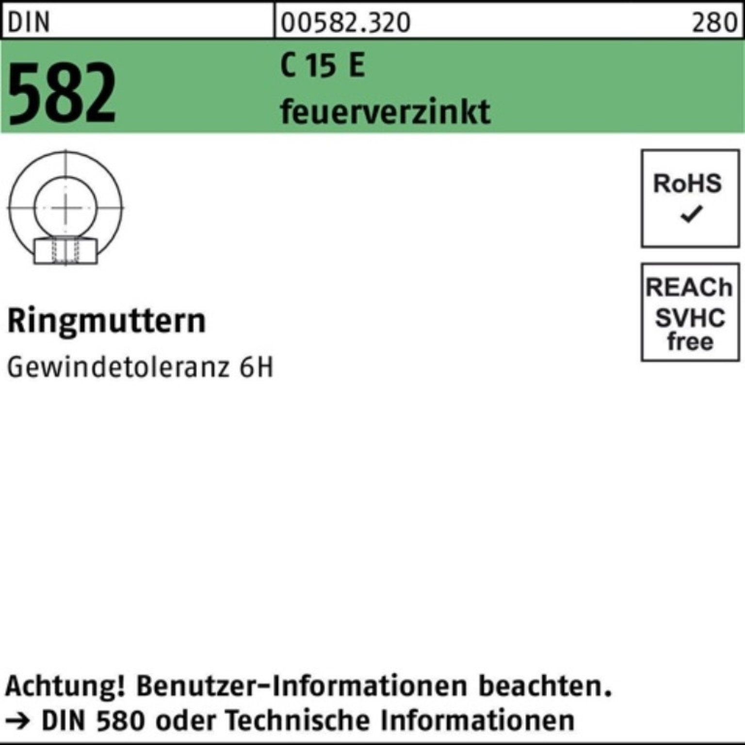 Reyher Ringmutter 100er Pack Ringmutter DIN 582 M12 C 15 E feuerverz. 10 Stück DIN 582