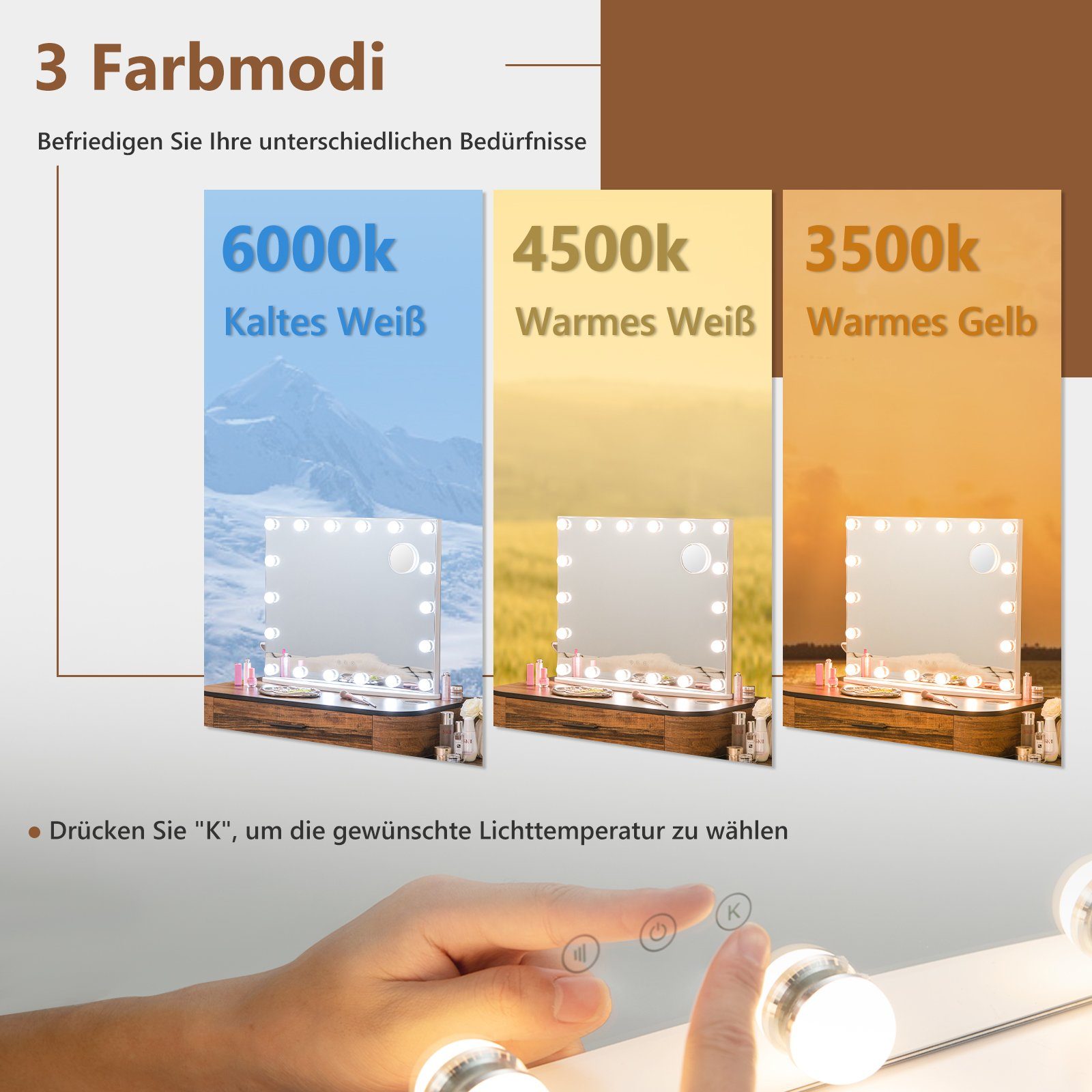 COSTWAY LED-Lichtspiegel, Hollywood Schminkspiegel 18 LED 3X Vergrößerung