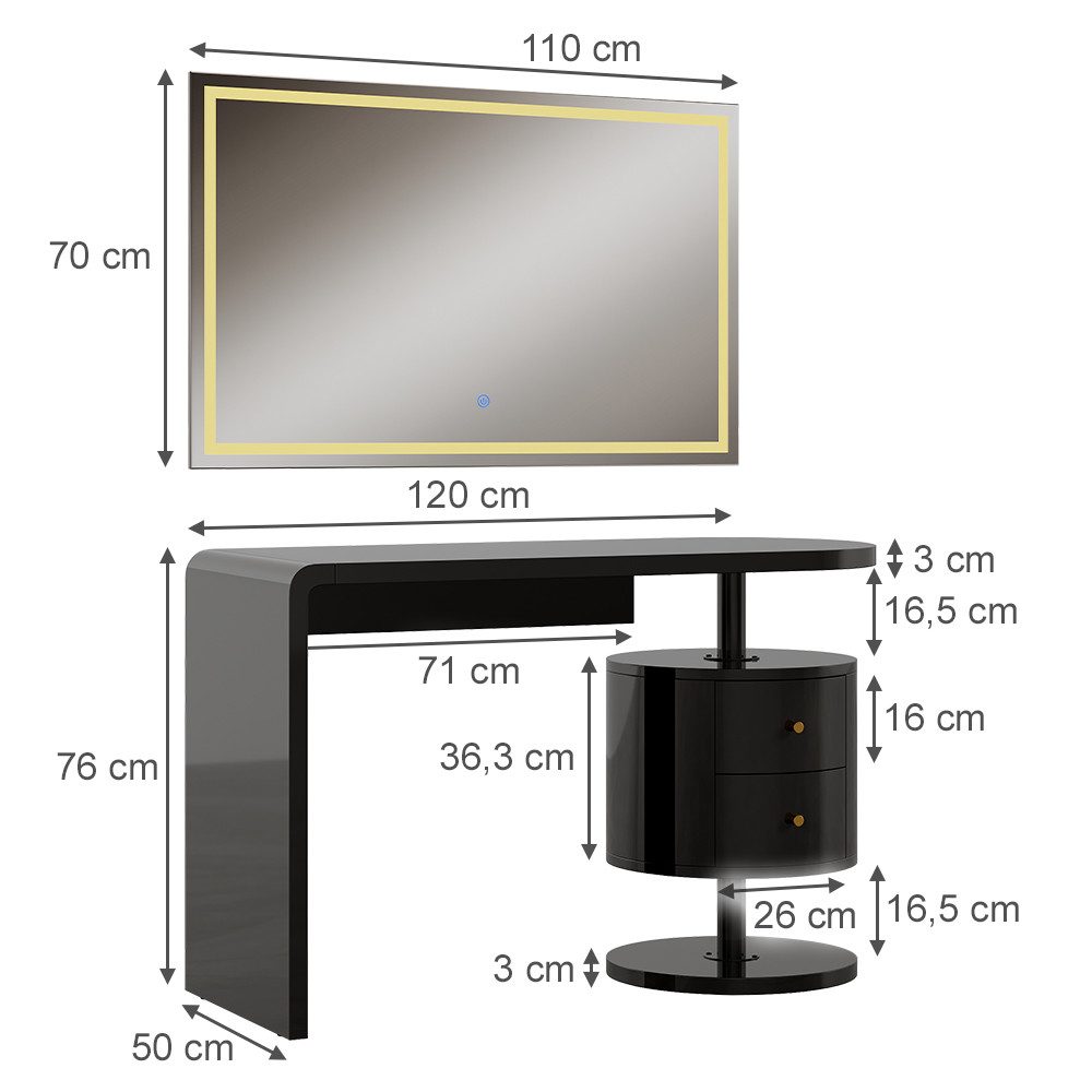 Vicco Schminktisch Lara, Schwarz Hochglanz, 120 cm mit LED-Spiegel (2-St)