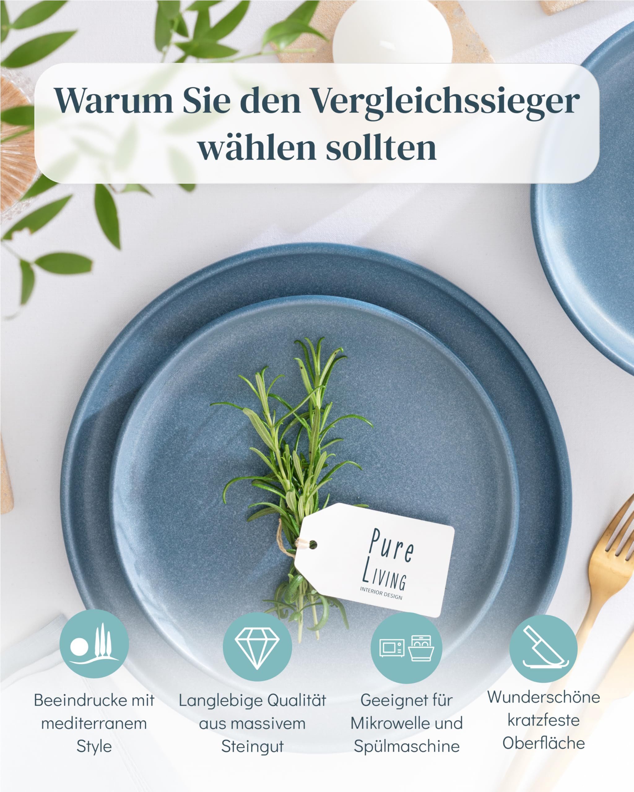 PURE LIVING INTERIOR DESIGN Geschirr-Set 6 Pers. 24-tlg - Hochwertiges Steingut Geschirrset - Tafelservice (24-tlg), 6 Personen, Steingut, Geschirr Set - Schüssel- und Teller Set