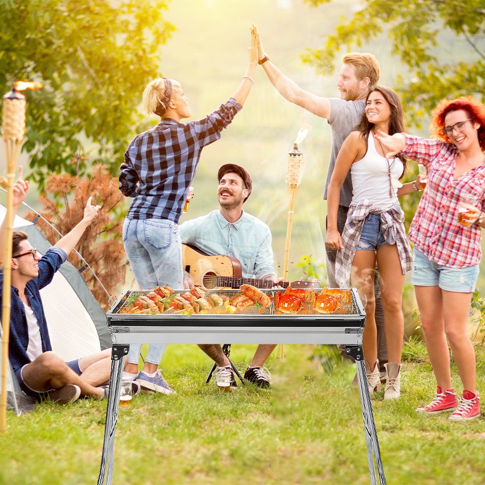 JEOBEST Holzkohlegrill Camping Grill Holzkohle, Edelstahl Grill, Reisegrill für BBQ, Klappbar, mit Grillnetze, zwei Carbonnetze -73 x 33.5 x 70cm – Bild 2 von 5
