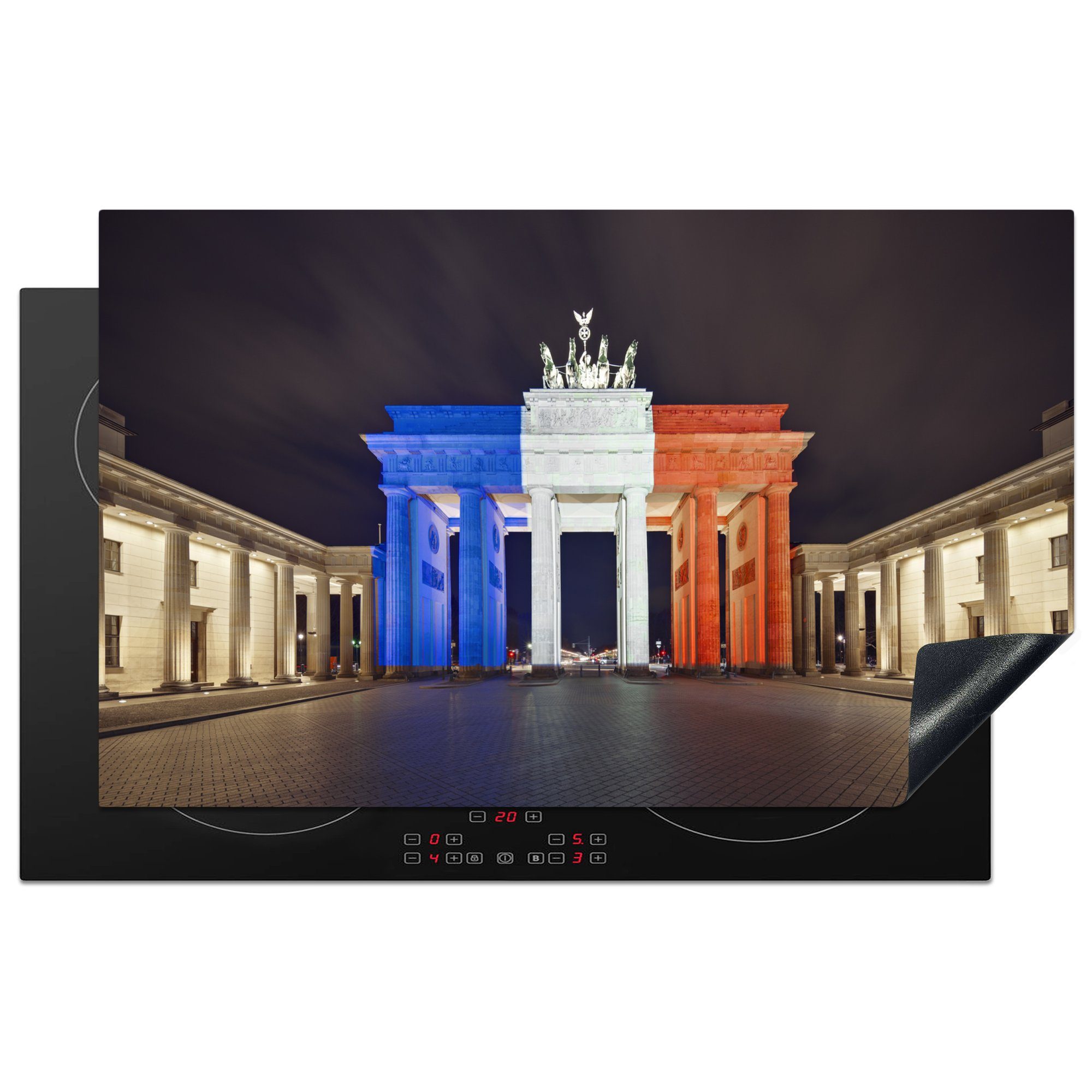 MuchoWow Herdblende-/Abdeckplatte Das Brandenburger Tor erstrahlt in den Farben der französischen Flagge, Vinyl, (1 tlg), 83x51 cm, Ceranfeldabdeckung, Arbeitsplatte für küche