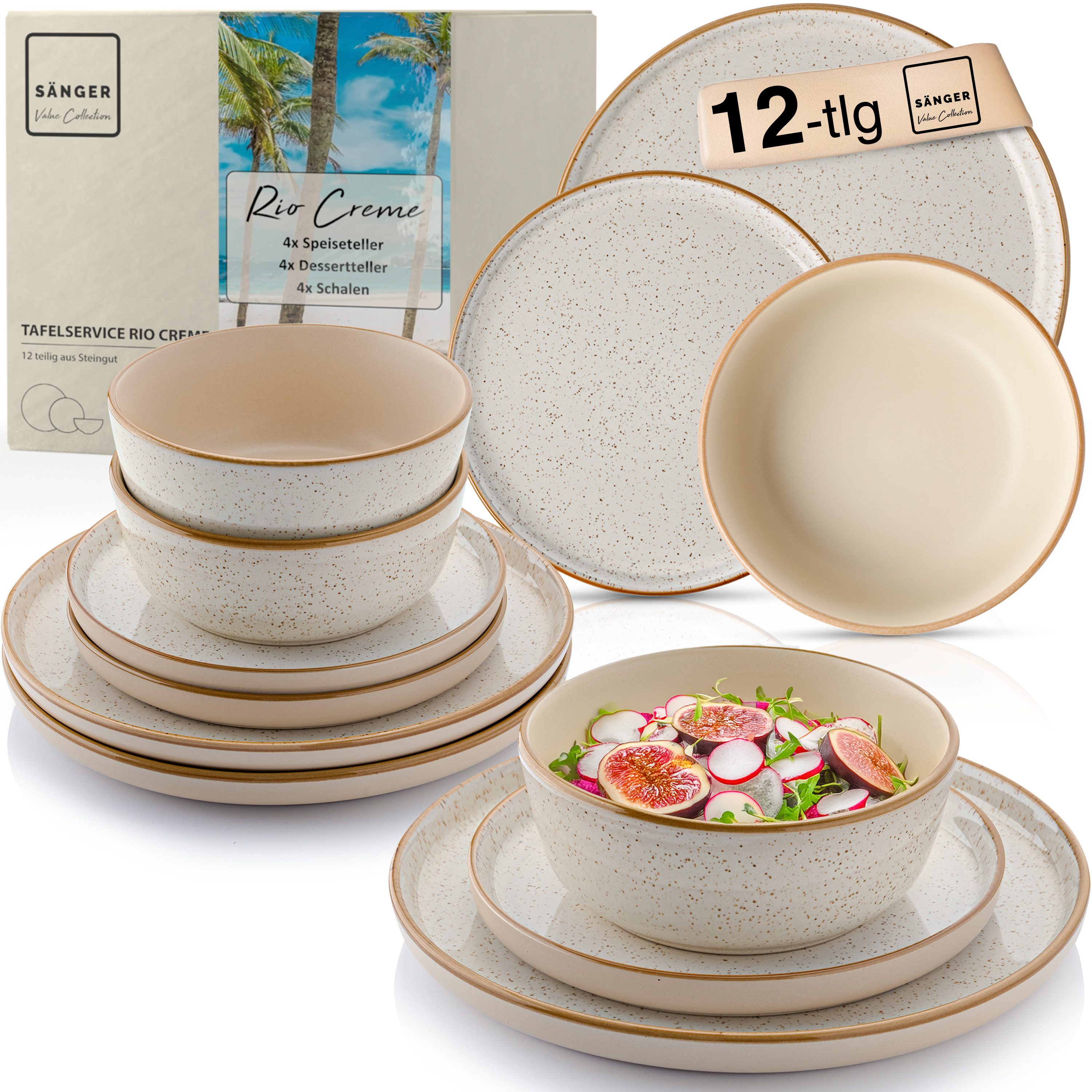 SÄNGER Tafelservice Rio Geschirrset (12-tlg), 4 Personen, Steingut, Handmade, Creme Beige, Erweiterbar, VALUE COLLECTION