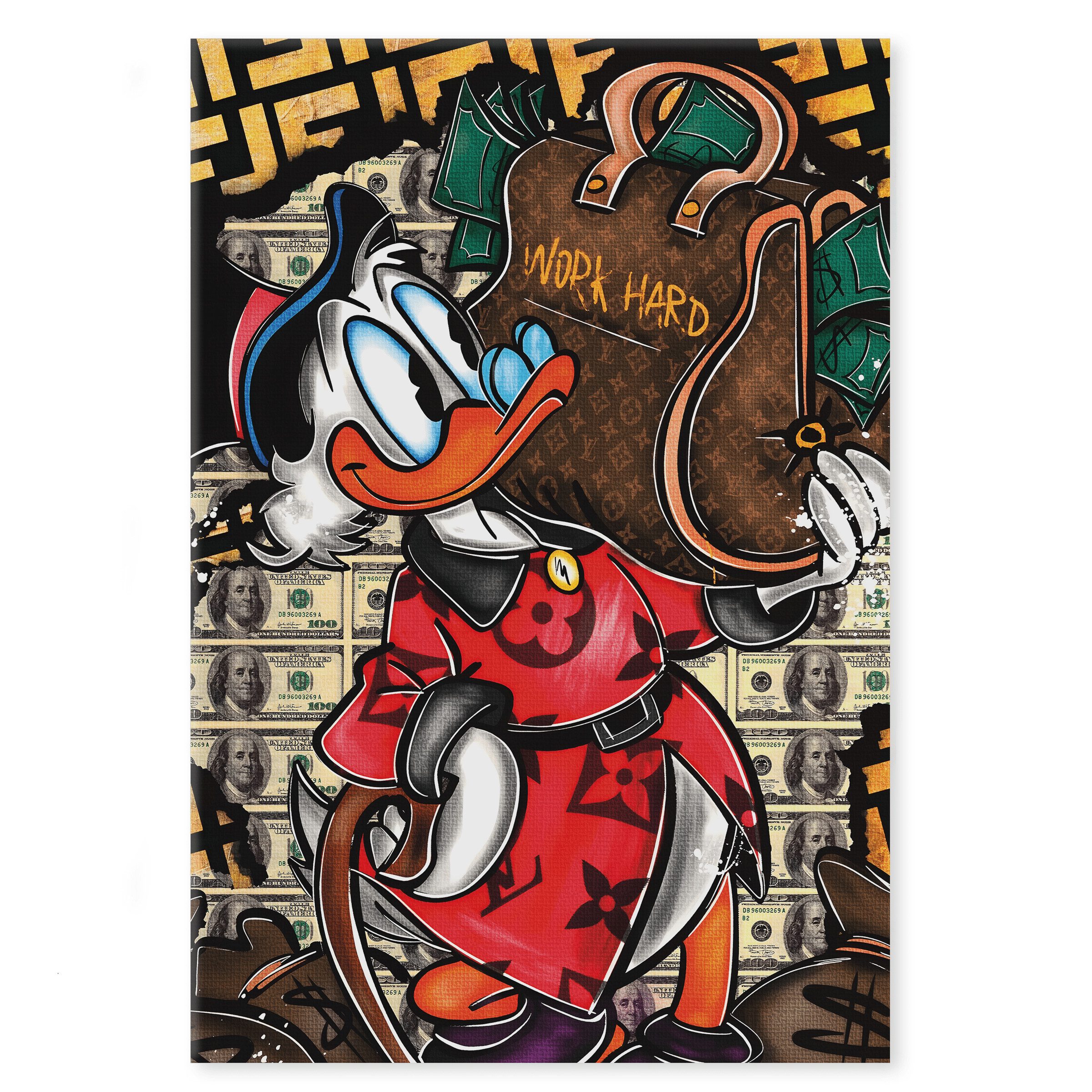 SimpleCanvas Wandbild Work Hard Dagobert - Leinwandbild Pop Art / Motivation, Wandbild Dagobert Duck, Geld, Pop Art