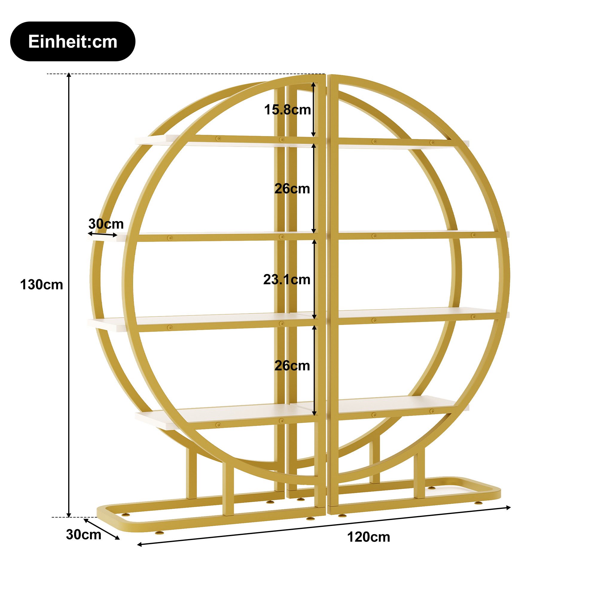 BlingBin Bücherregal, 120x30x130 cm, 2-teiliges Bücherregal im Rundbogen-Design 1-tlg., modulares Metallregal mit Kippschutz und höhenverstellbaren Füßen