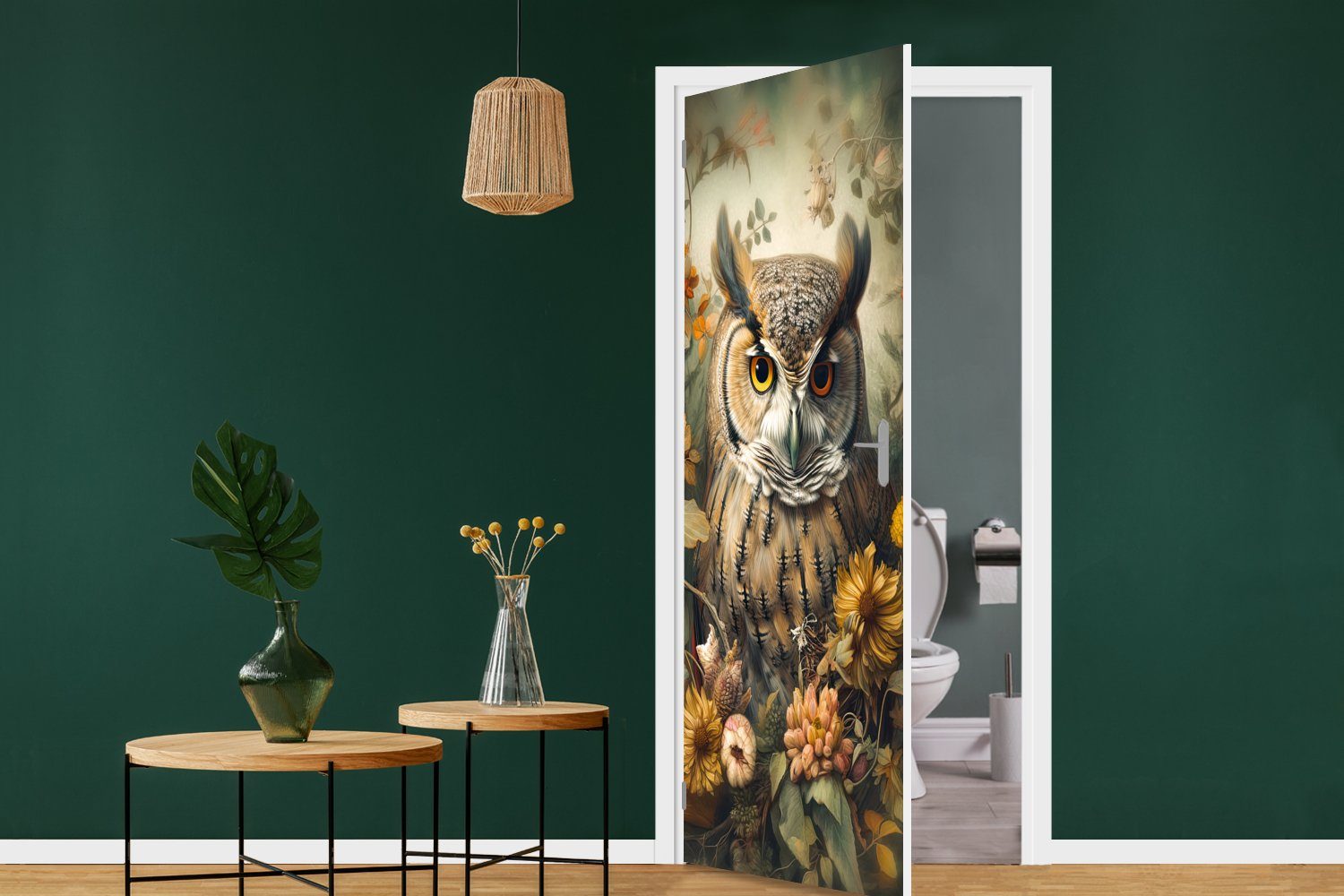 Eule Tür, bedruckt, (1 Blumen für Türtapete - Natur, - cm MuchoWow Vögel - Fototapete Türaufkleber, Matt, St), 75x205