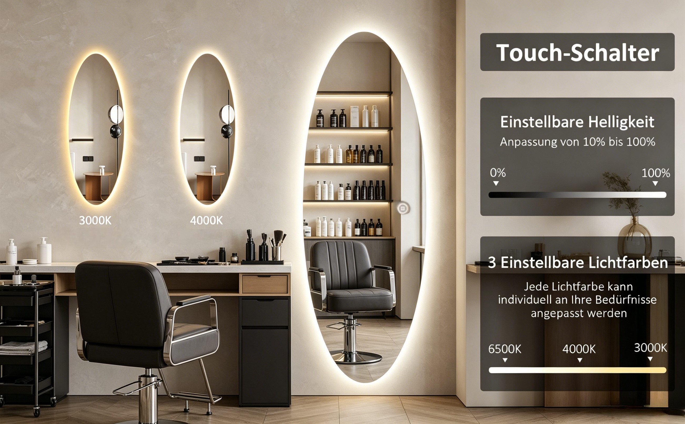 WDWRITTI Spiegel groß für Friseurladen Hotel Garderobe & Flur Schlafzimmer Wohnzimmer (Wandspiegel mit LED Beleuchtung, 1-St., 165x60, 145x60, 165x65, 150x50), 3Lichtfarben, Dimmbar, Memory-Funktion