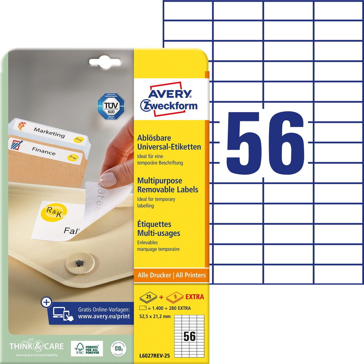 Avery Zweckform Etiketten Etikett 52,5x21,2mm A4 ILK wiederablösbar 30 Blatt 1680 Stück