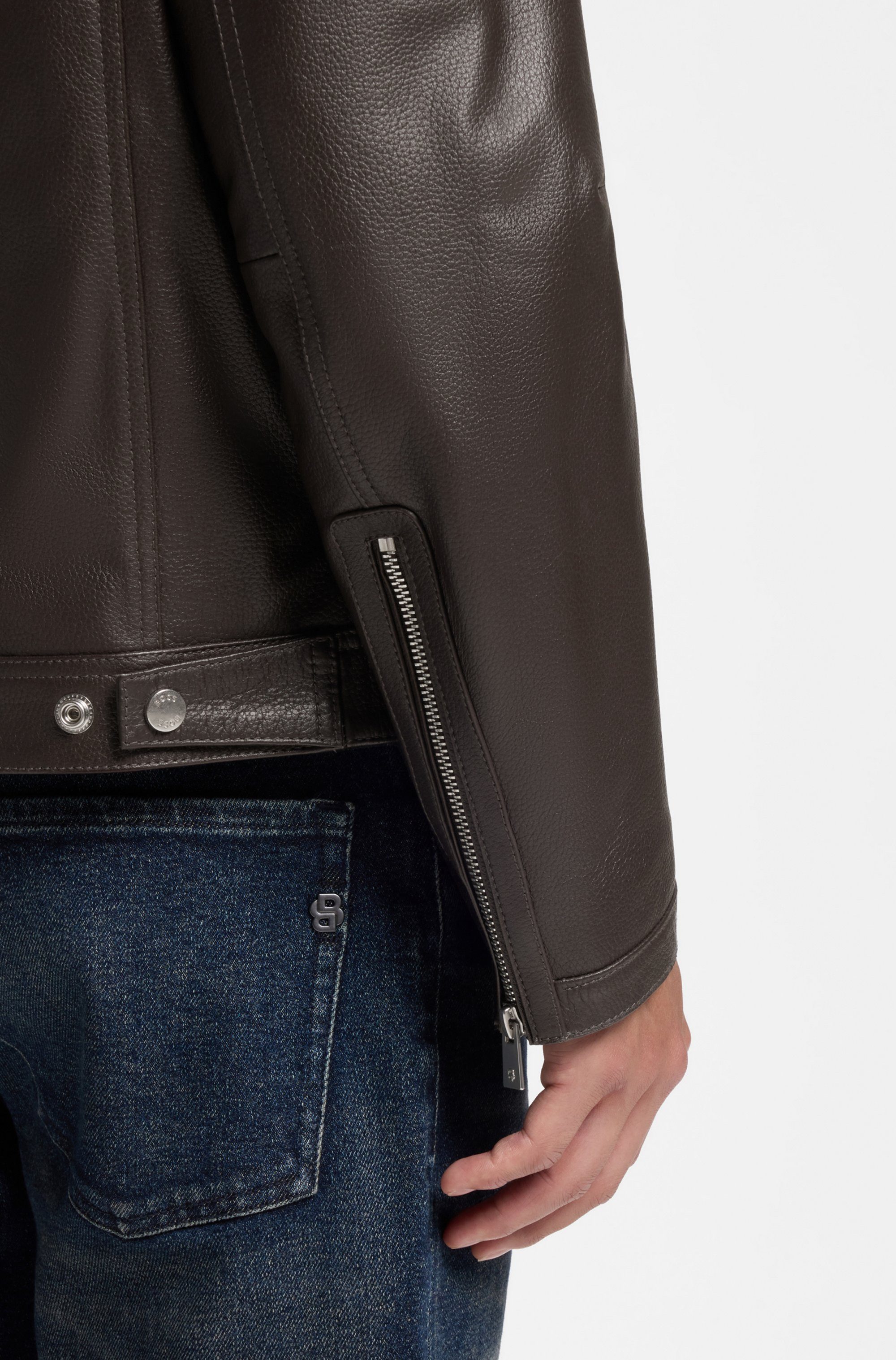 BOSS Lederjacke H Mansell Stehkragen, genarbtes Leder, Regular Fit