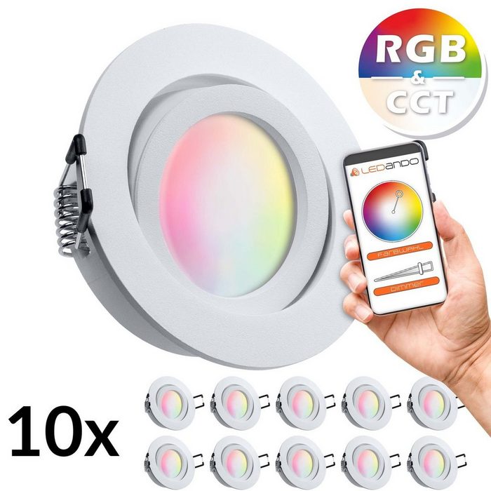 LEDANDO LED Einbaustrahler 10er RGB - CCT LED Einbaustrahler Set extra flach in weiß matt mit 5W Leuchtmittel von LEDANDO- 16 Mio. Farben + Warmweiß bis Kaltweiß - rund