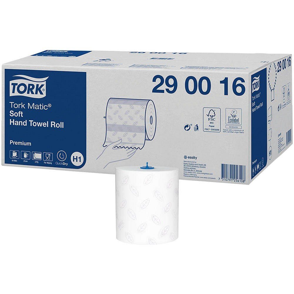 TORK Papierhandtuch 6 Rollen Papierhandtuch Matic Premium 2-lagig - weiß, 2-lagig, Nassfest, Lorbeerblatt-Design