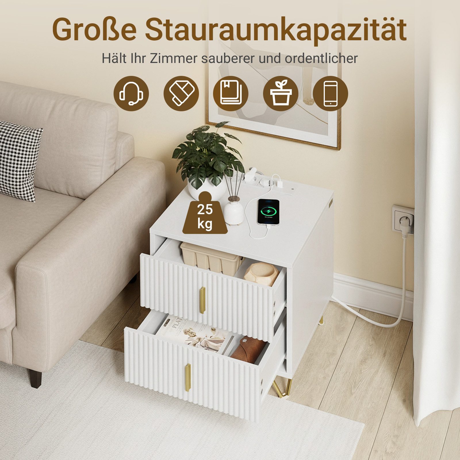 SoBuy Nachttisch FBT115-E, Nachttisch, Nachtschrank Beistelltisch Sofatisch Couchtisch, Nachttisch mit 2 Steckdosen, USB und Type-C, 2/3 Schubladen – Bild 3 von 5