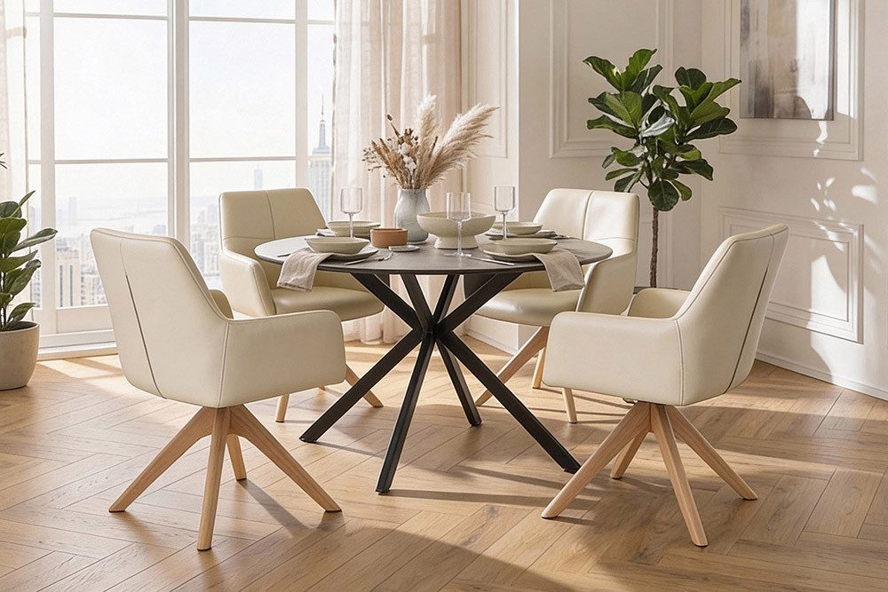 riess-ambiente Drehstuhl ALMARA beige-sand/natur- Eiche, Echtleder, 360°, Massivholz, modern (Einzelartikel, 1 St), Natürlicher Polsterstuhl - ideal f. Ess- & Wohnzimmer oder Home Office