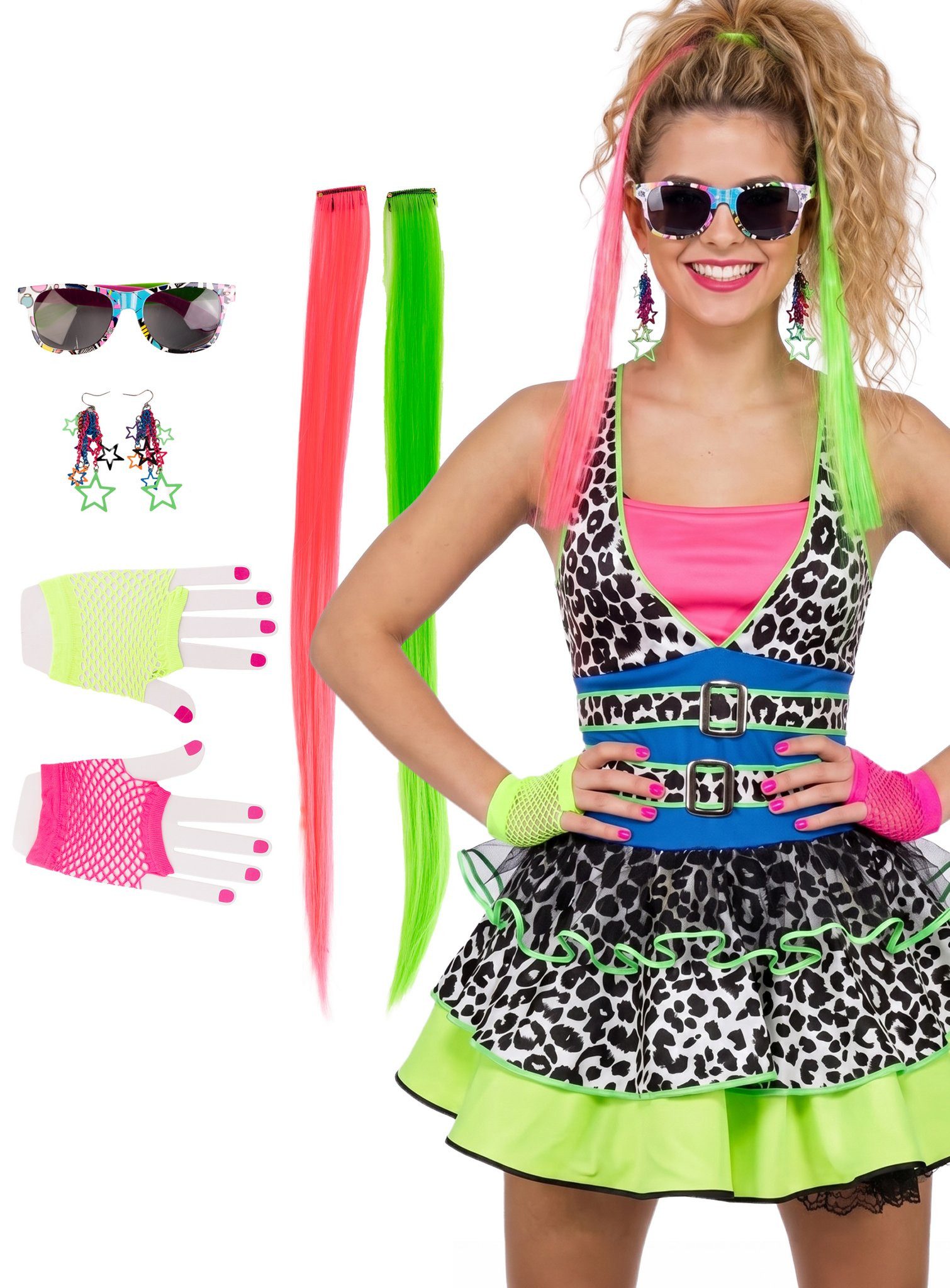Metamorph Kostüm 80er Set - Kostüm Zubehör Fasching Karnevalskostüm, Neonbuntes Set mit Schweißbändern, Brille und Extensions