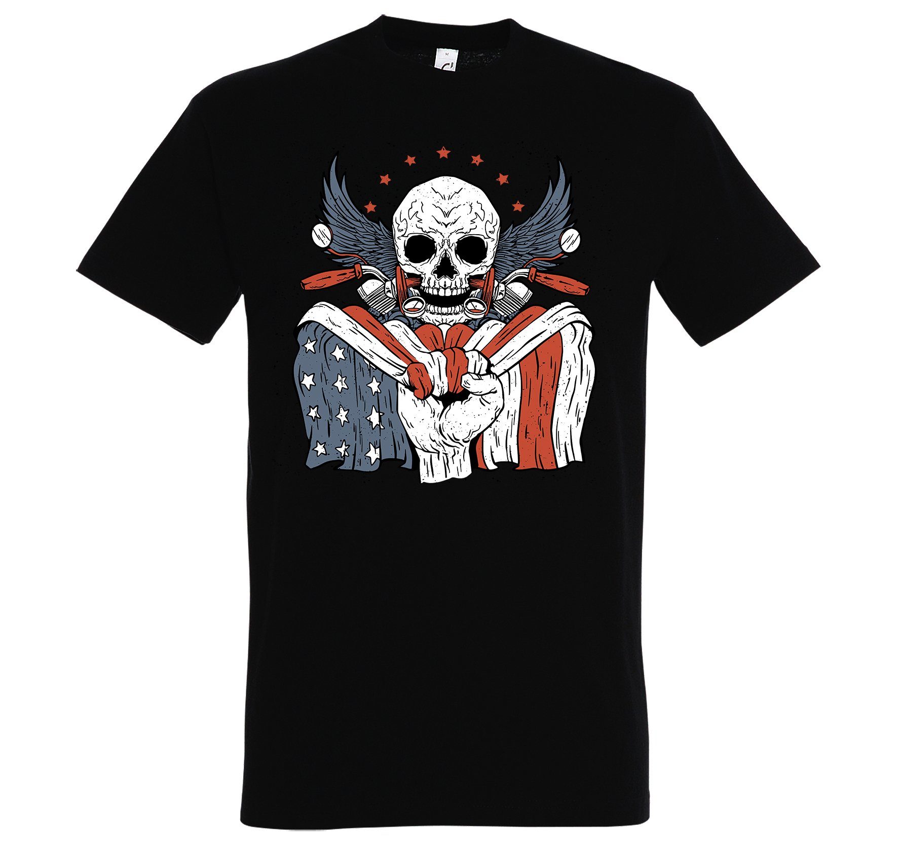 Youth Designz Print-Shirt USA Biker Skull Herren T-Shirt mit lustigem Logo Aufdruck Schwarz