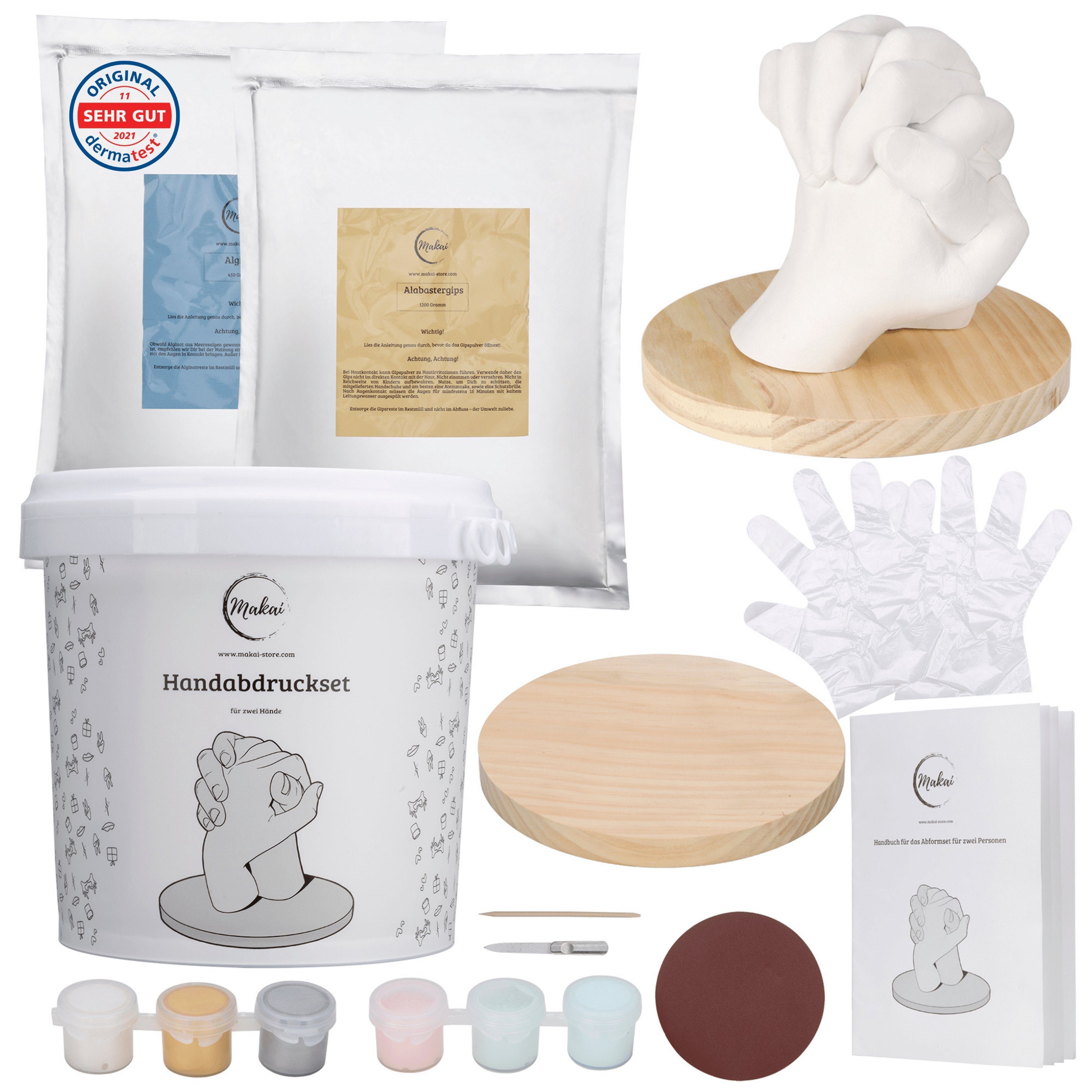 Makai Bastelnaturmaterial Premium 3D Handabdruck Set für zwei Personen, Geschenk für Paare und Familie aus feinstem Alginat und Alabastergips