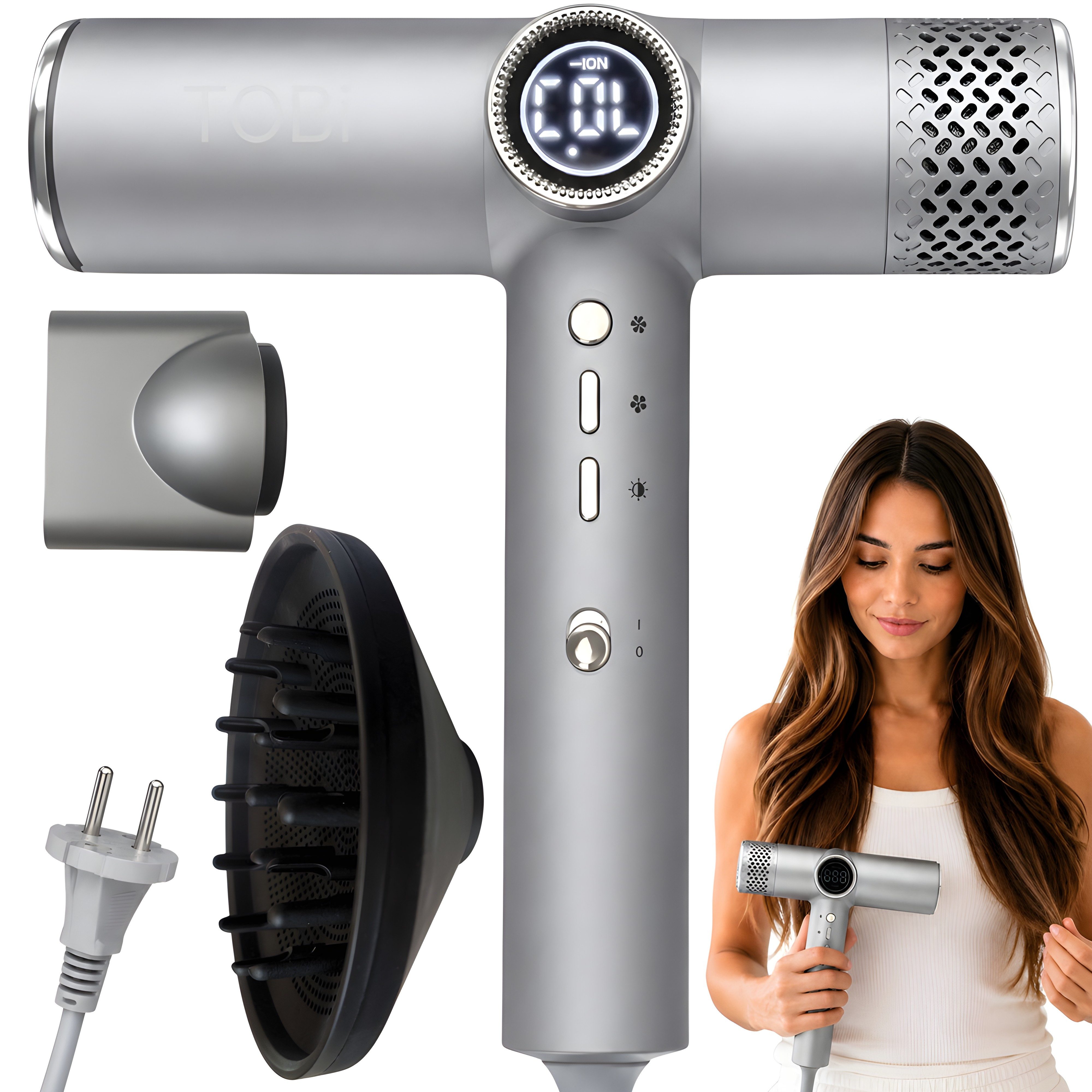 VERK GROUP Haartrockner Föhn mit Diffusor, 2000 W, Haartrockner mit 2 Aufsätzen, Digitaldisplay, Kaltluftfunktion, Kaltlufttaste, 130.000 U/min