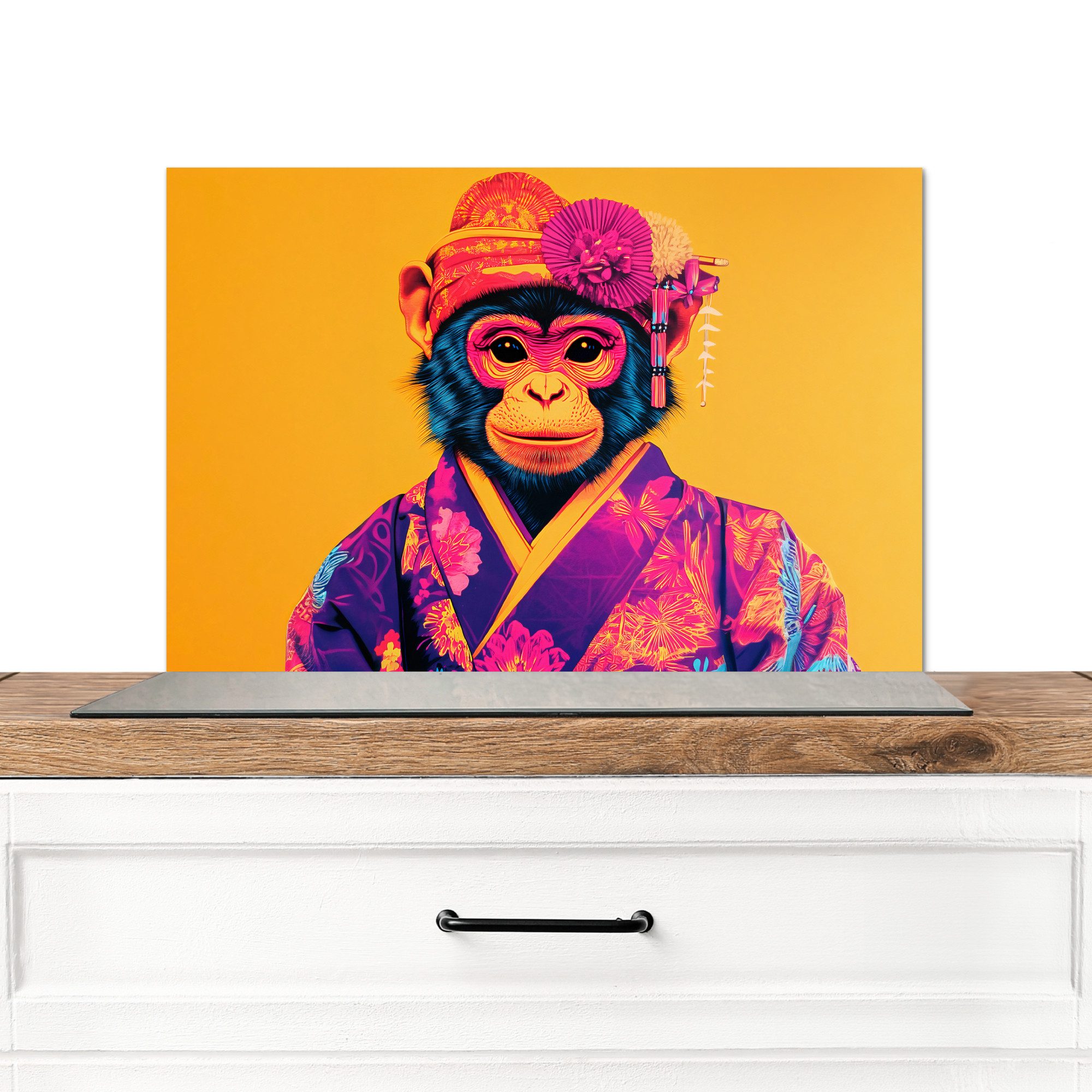 MuchoWow Küchenrückwand Affe - Kimono - Blumen - Kopfschmuck, (1-tlg), Spritzschutz Küche, Küchendeko, 60x40 cm